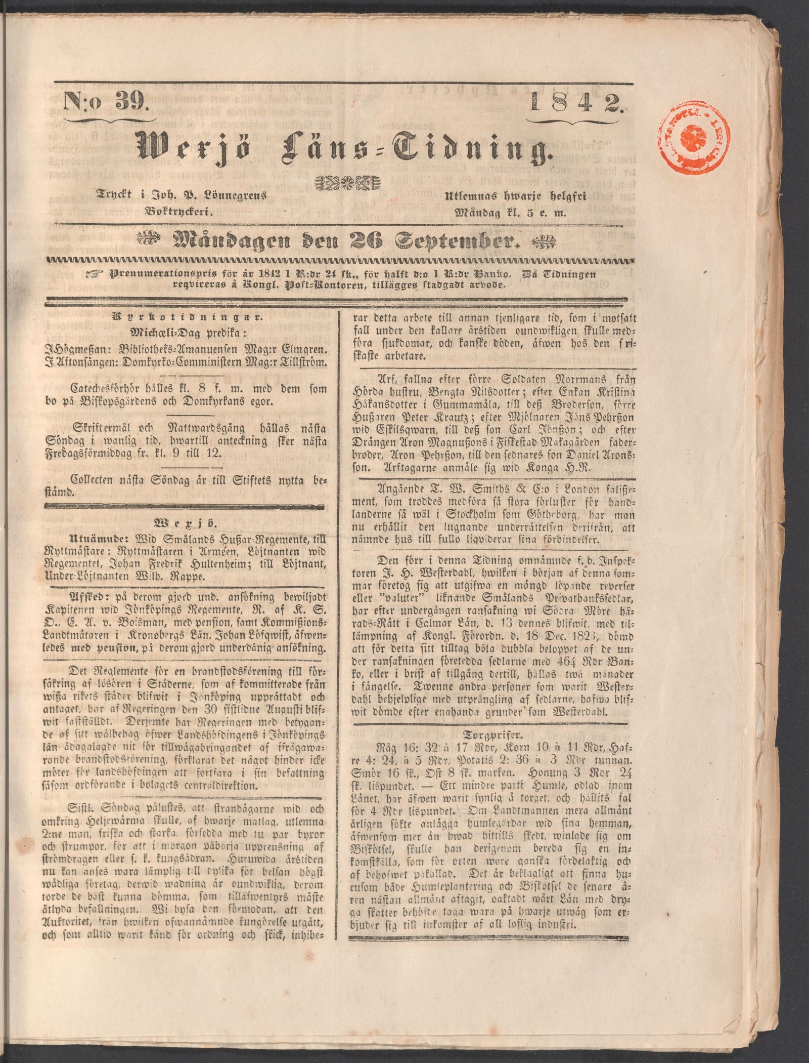 Tidningssida ur WEXJÖ LÄNSTIDNING, 1842-09-26