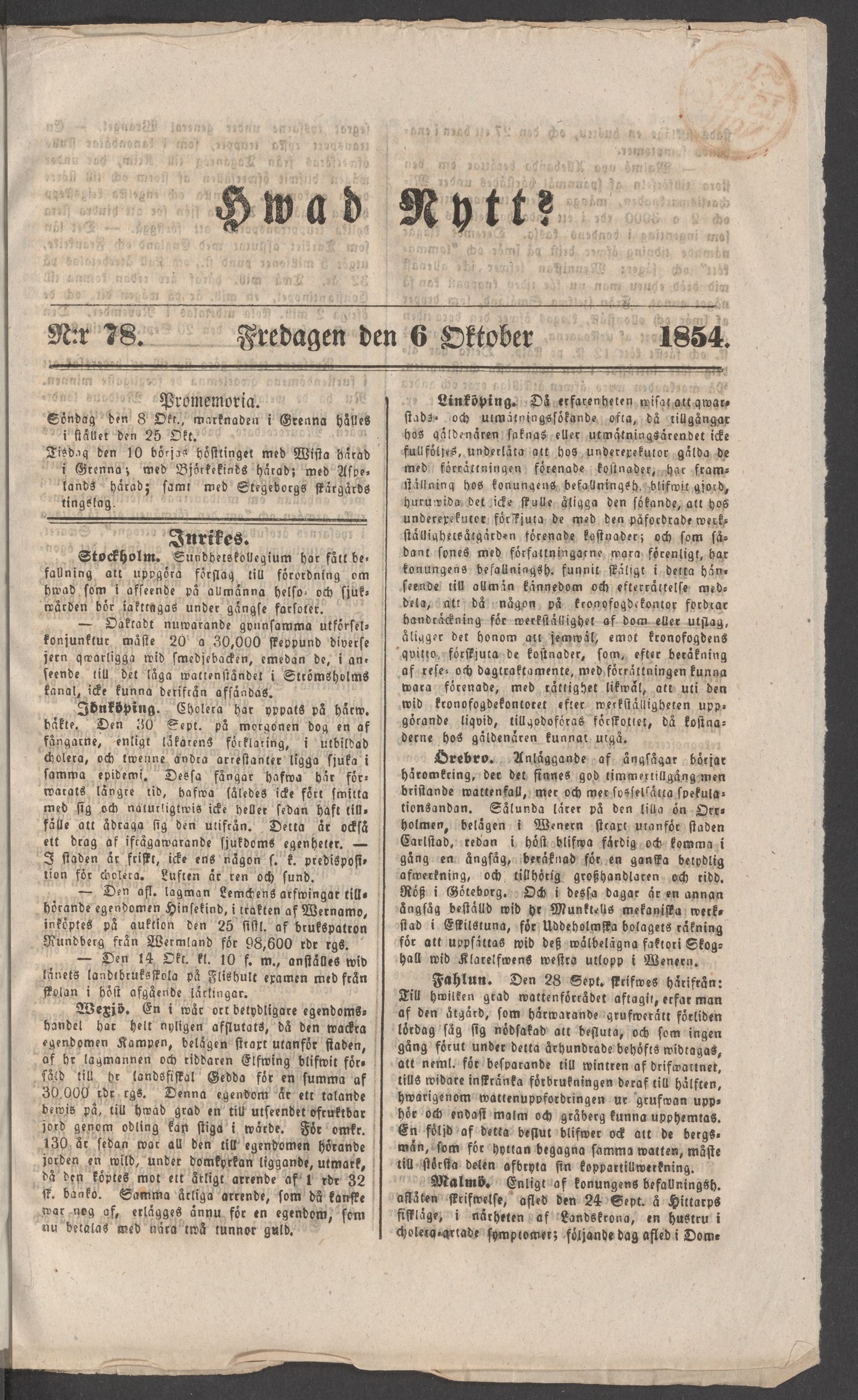 Tidningssida ur HVAD NYTT?, 1854-10-06