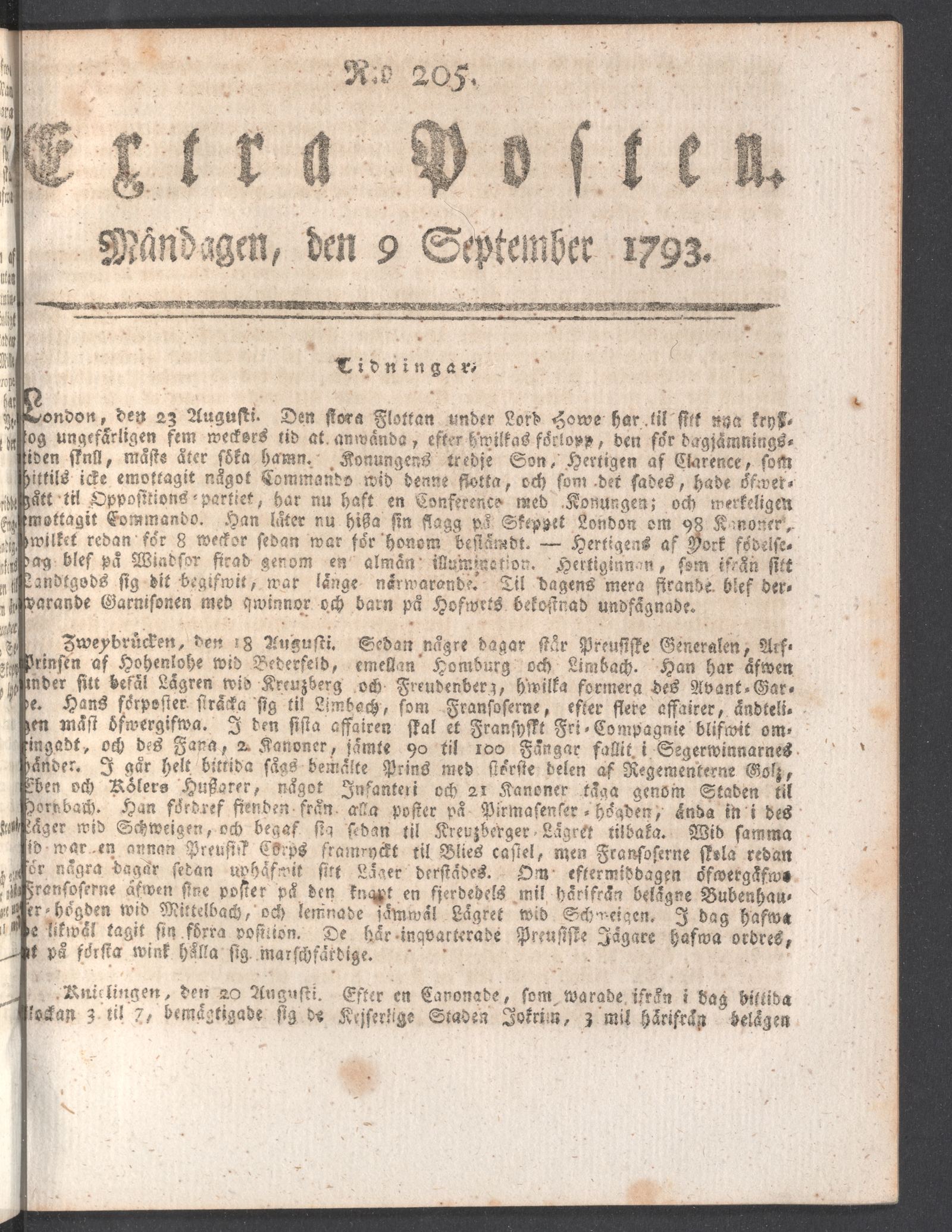 Tidningssida ur EXTRA POSTEN, 1793-09-09