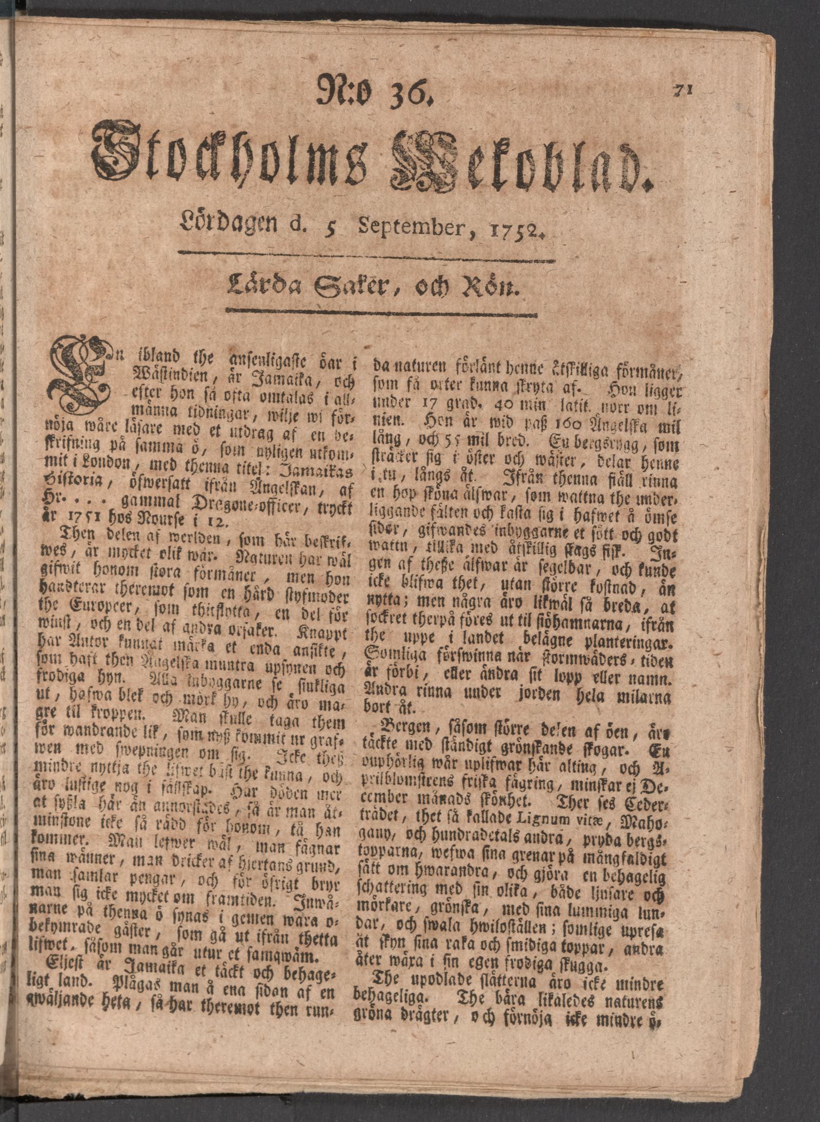Tidningssida ur STOCKHOLMS WECKOBLAD, 1752-09-05
