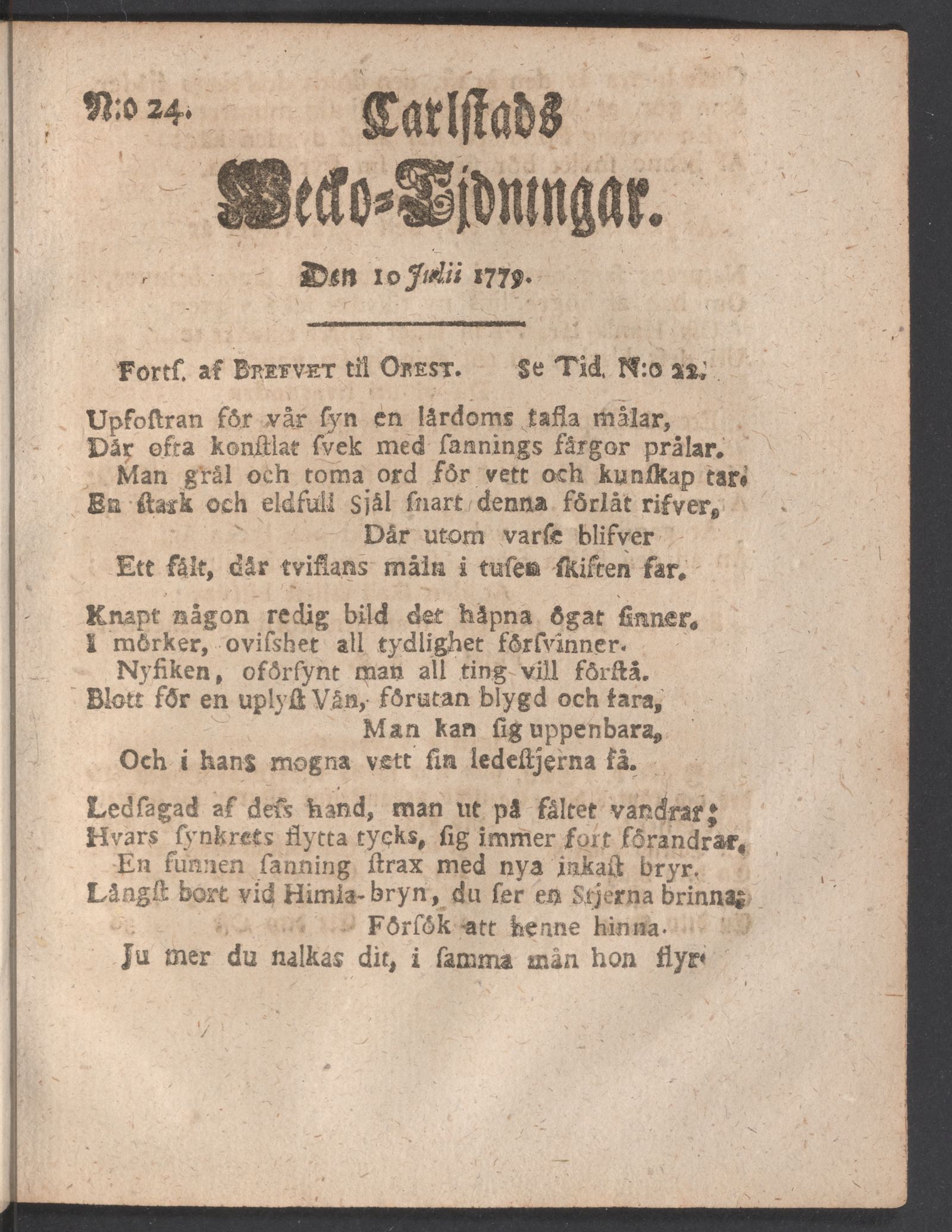 Tidningssida ur CARLSTADS WECKOTIDNINGAR, 1779-07-10