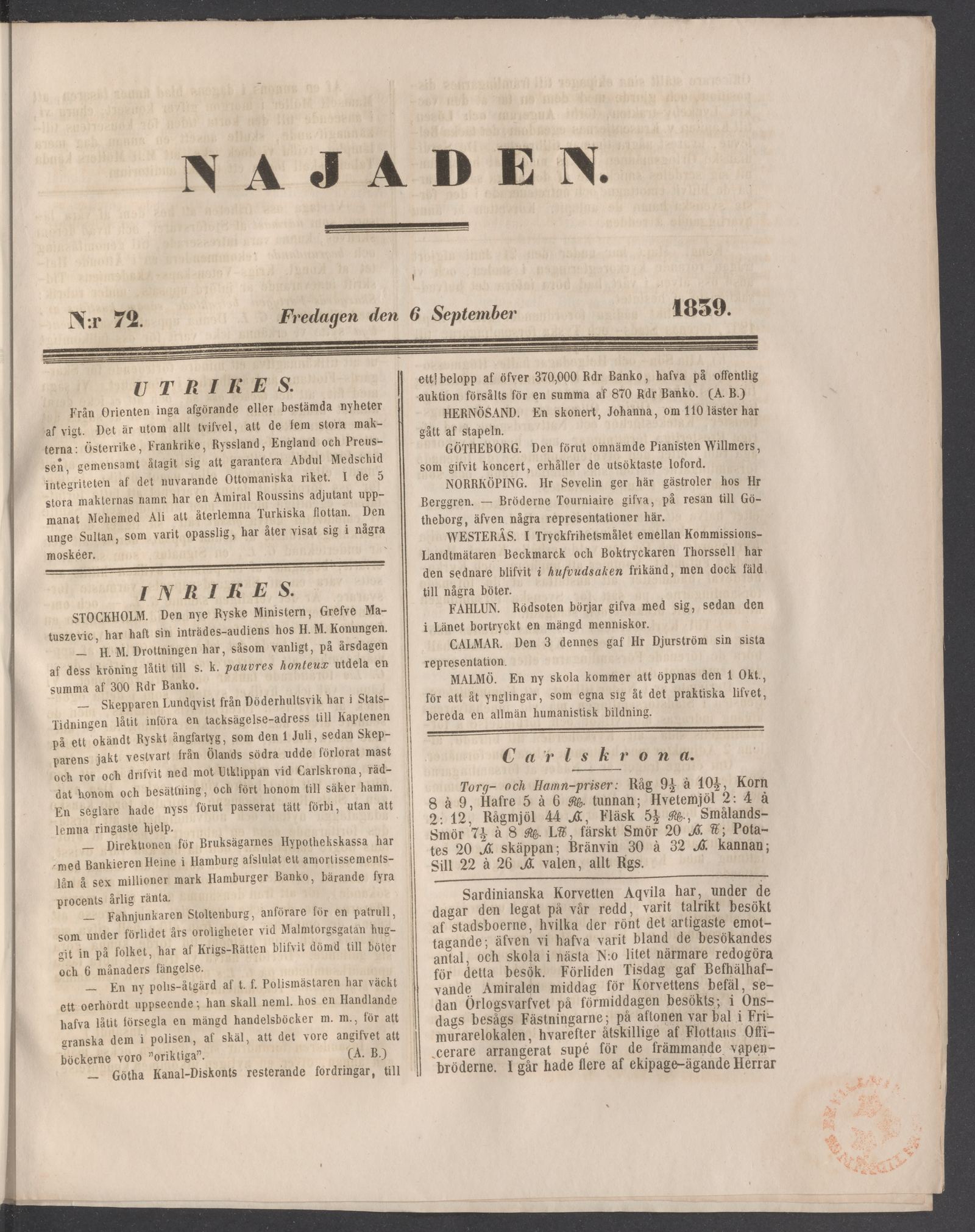 Tidningssida ur NAJADEN, 1839-09-06