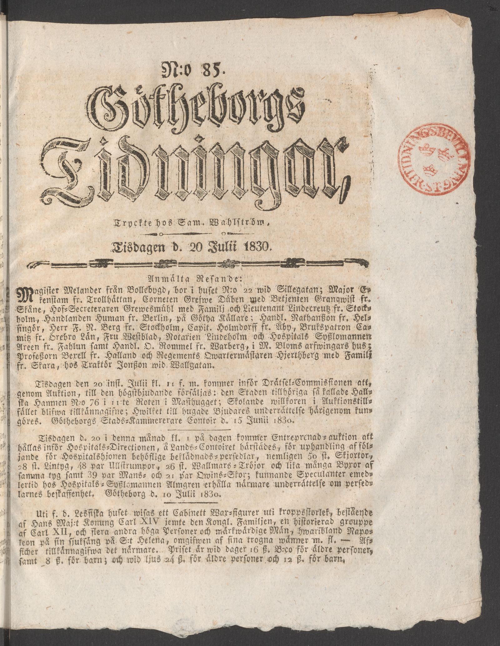 Tidningssida ur GÖTHEBORGS TIDNINGAR, 1830-07-20