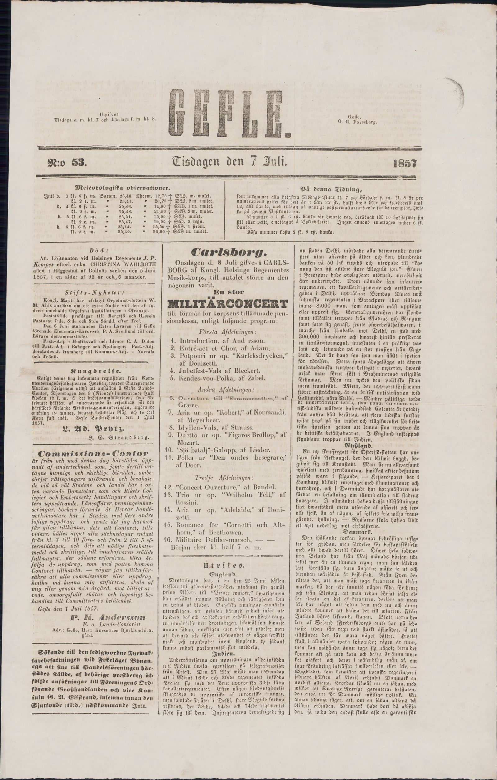 Tidningssida ur GEFLEBORGS LÄNS TIDNING, 1857-07-07