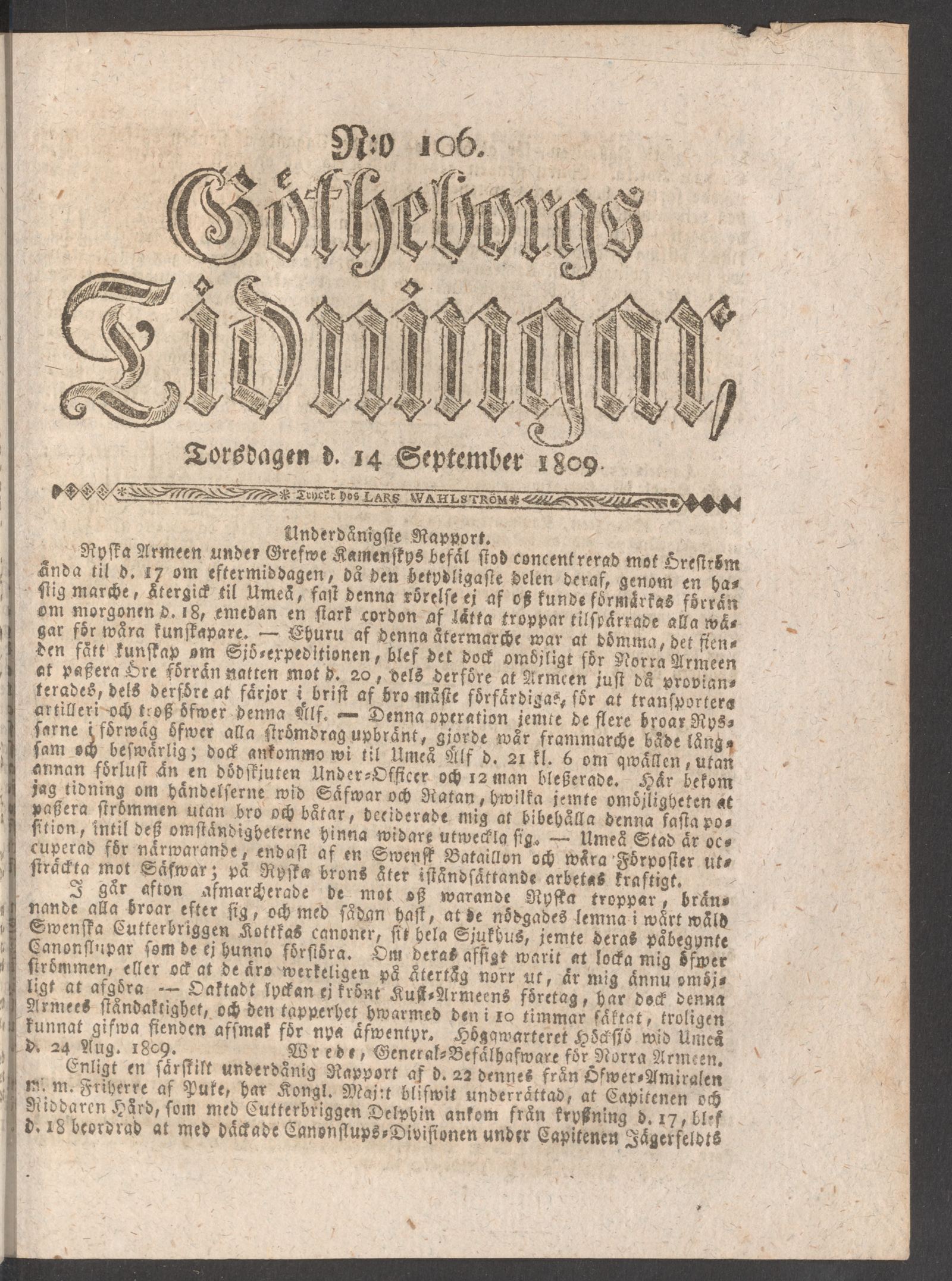 Tidningssida ur GÖTHEBORGS TIDNINGAR, 1809-09-14