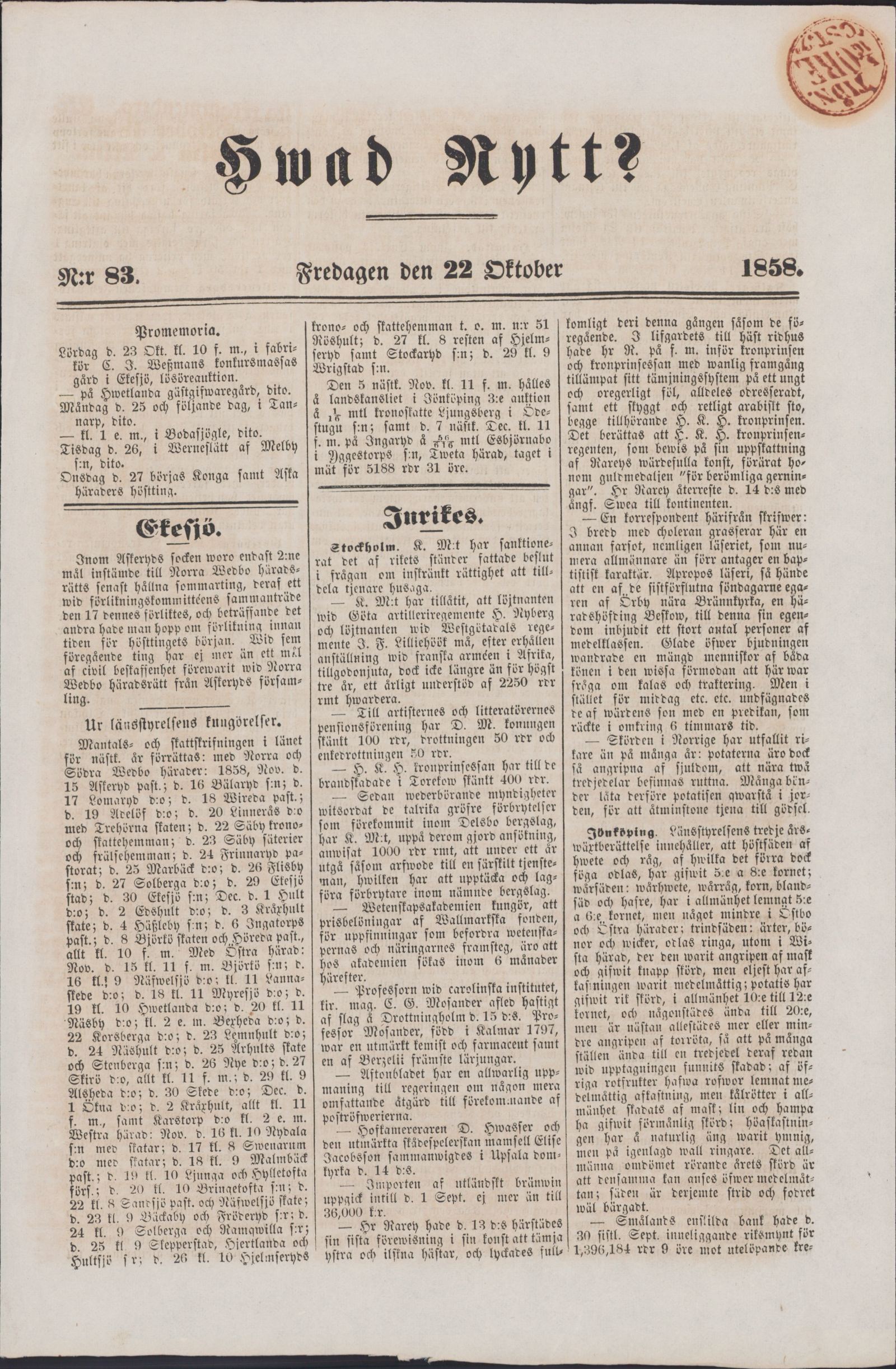 Tidningssida ur HVAD NYTT?, 1858-10-22