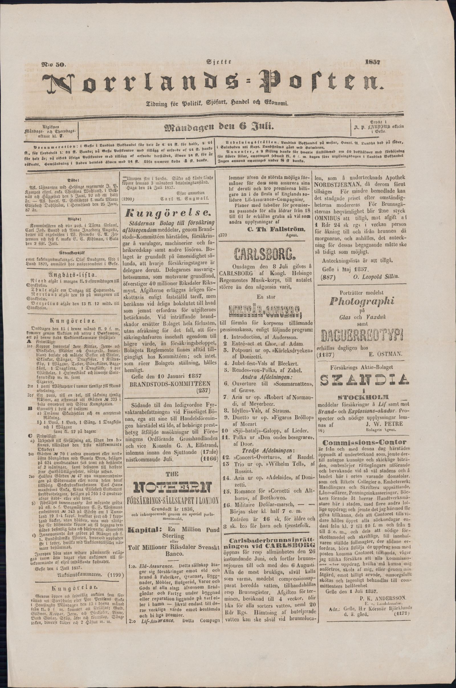 Tidningssida ur NORRLANDSPOSTEN, 1857-07-06