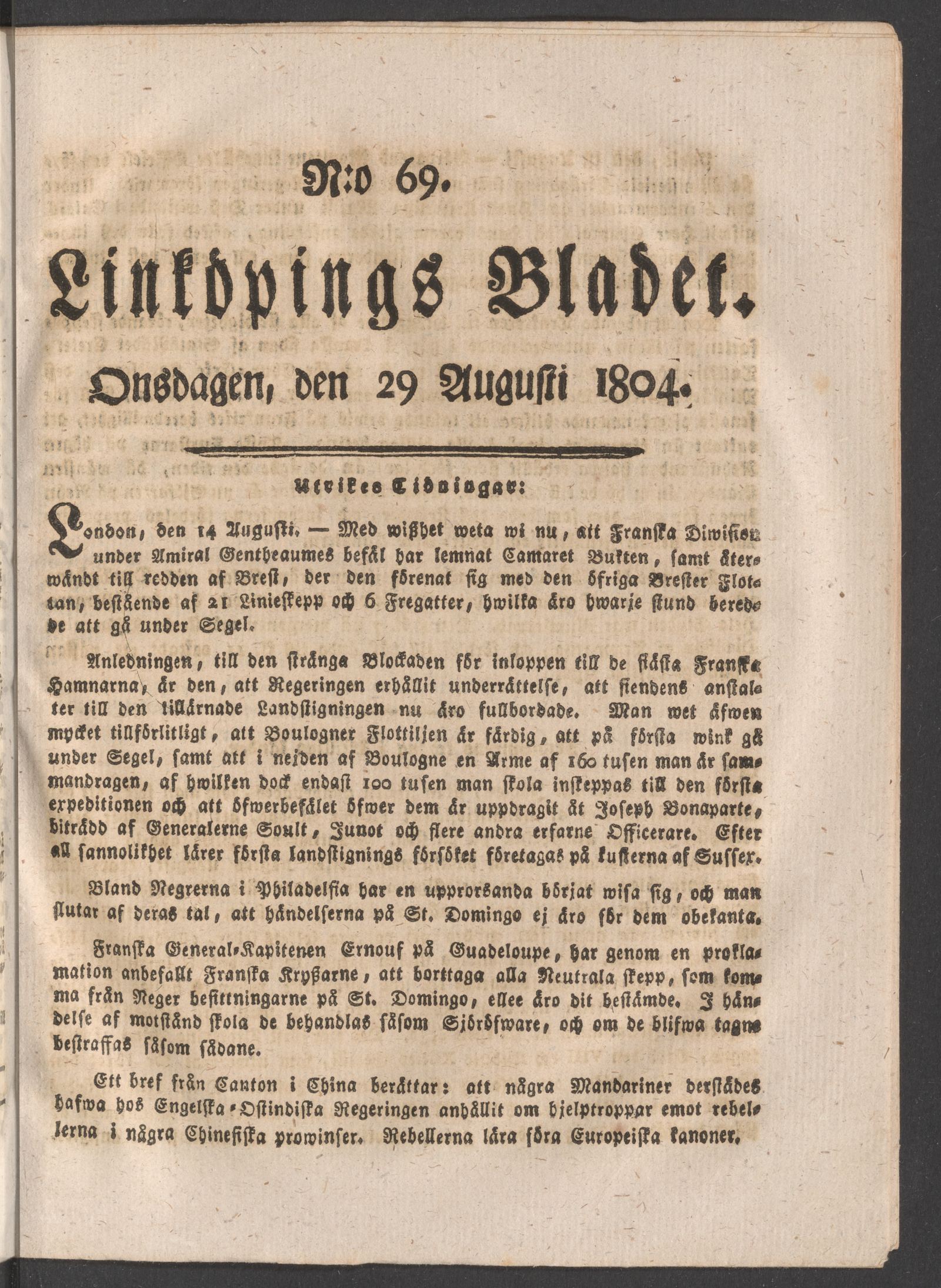 Tidningssida ur LINKÖPINGSBLADET, 1804-08-29