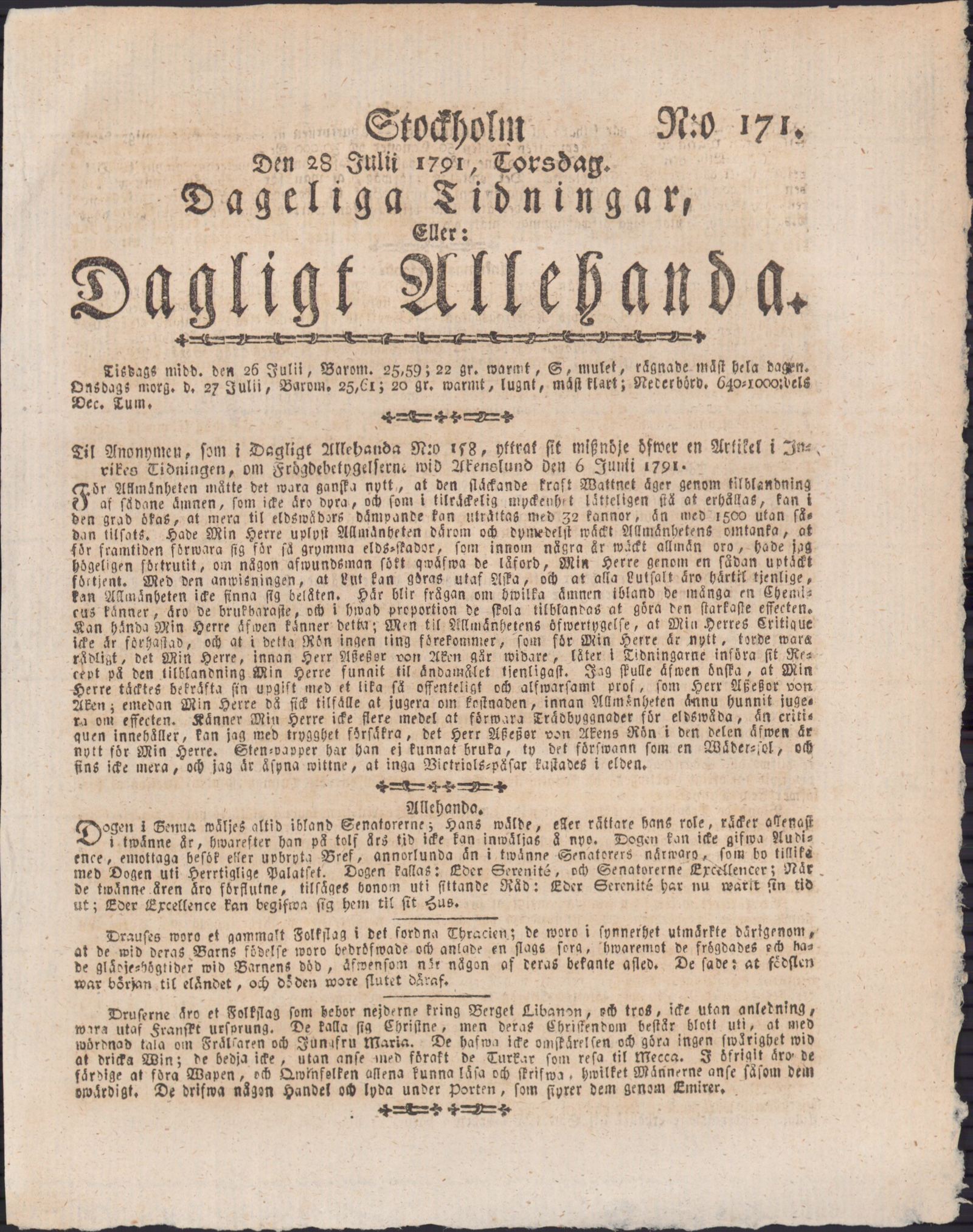 Tidningssida ur DAGLIGT ALLEHANDA, 1791-07-28
