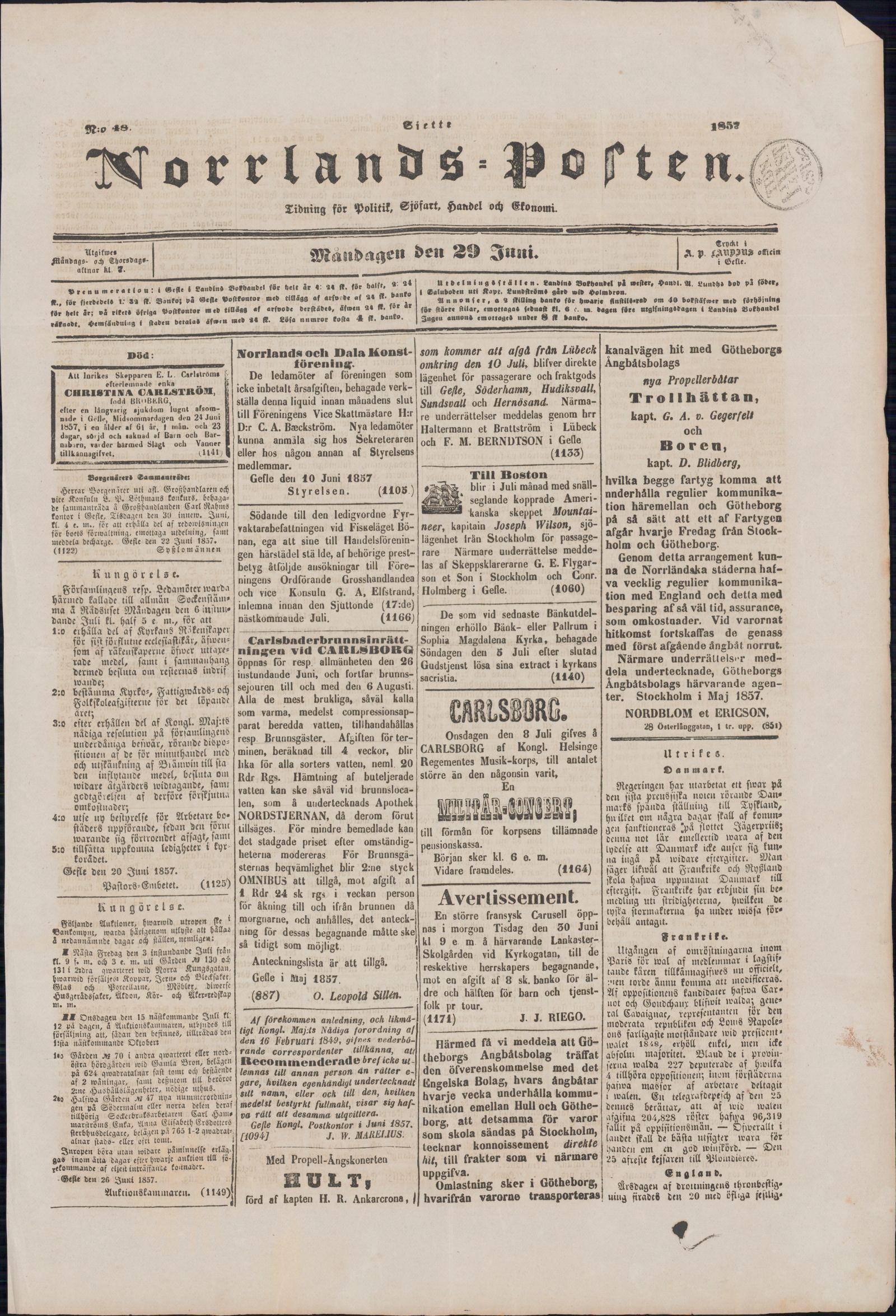 Tidningssida ur NORRLANDSPOSTEN, 1857-06-29