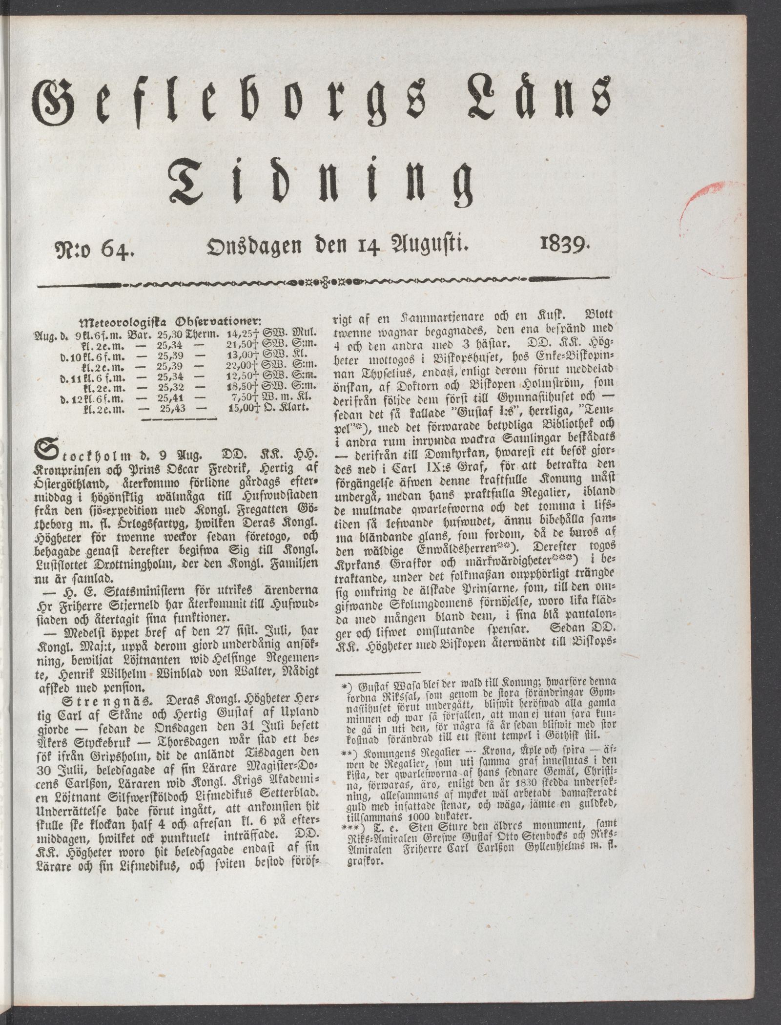 Tidningssida ur GEFLEBORGS LÄNS TIDNING, 1839-08-14