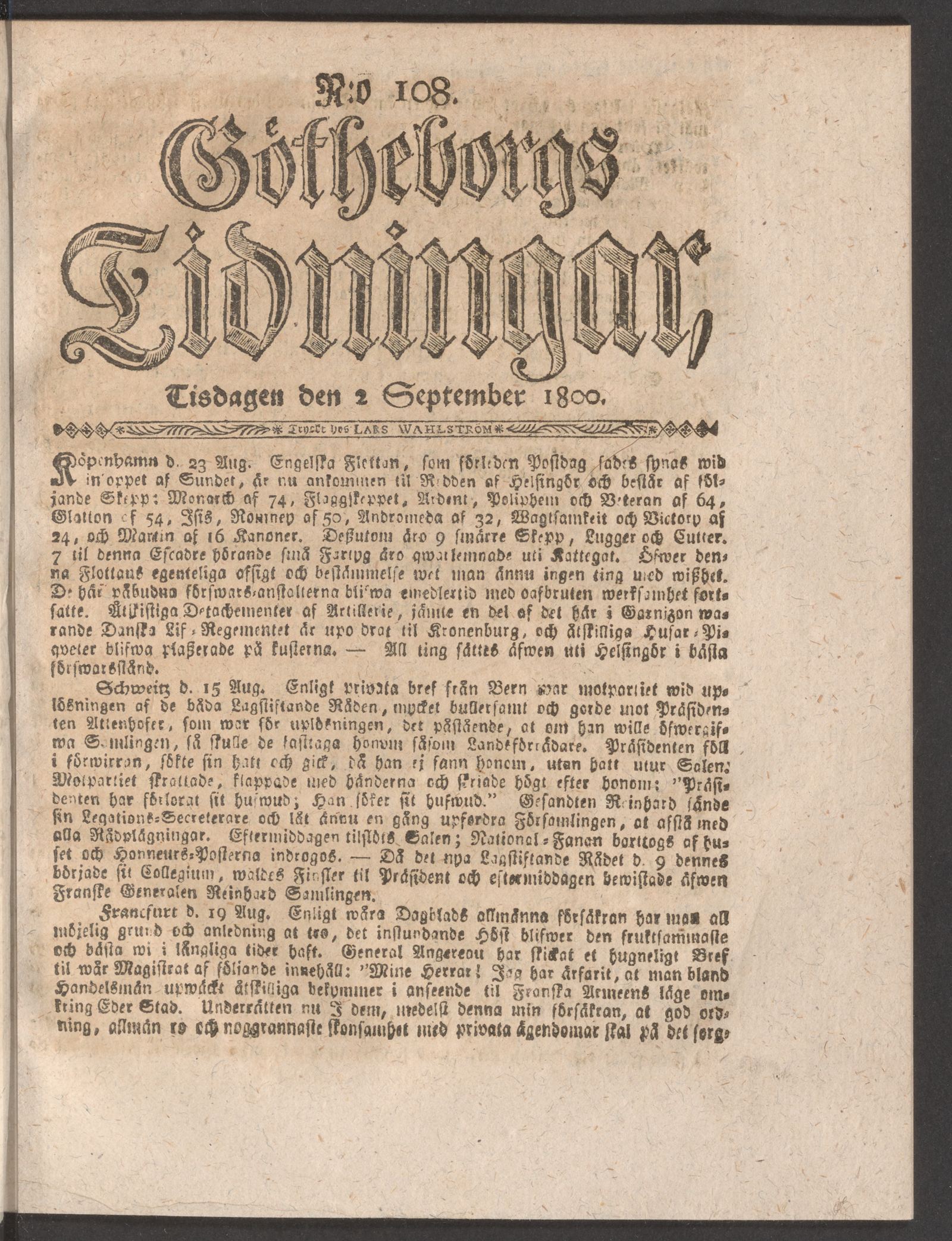 Tidningssida ur GÖTHEBORGS TIDNINGAR, 1800-09-02