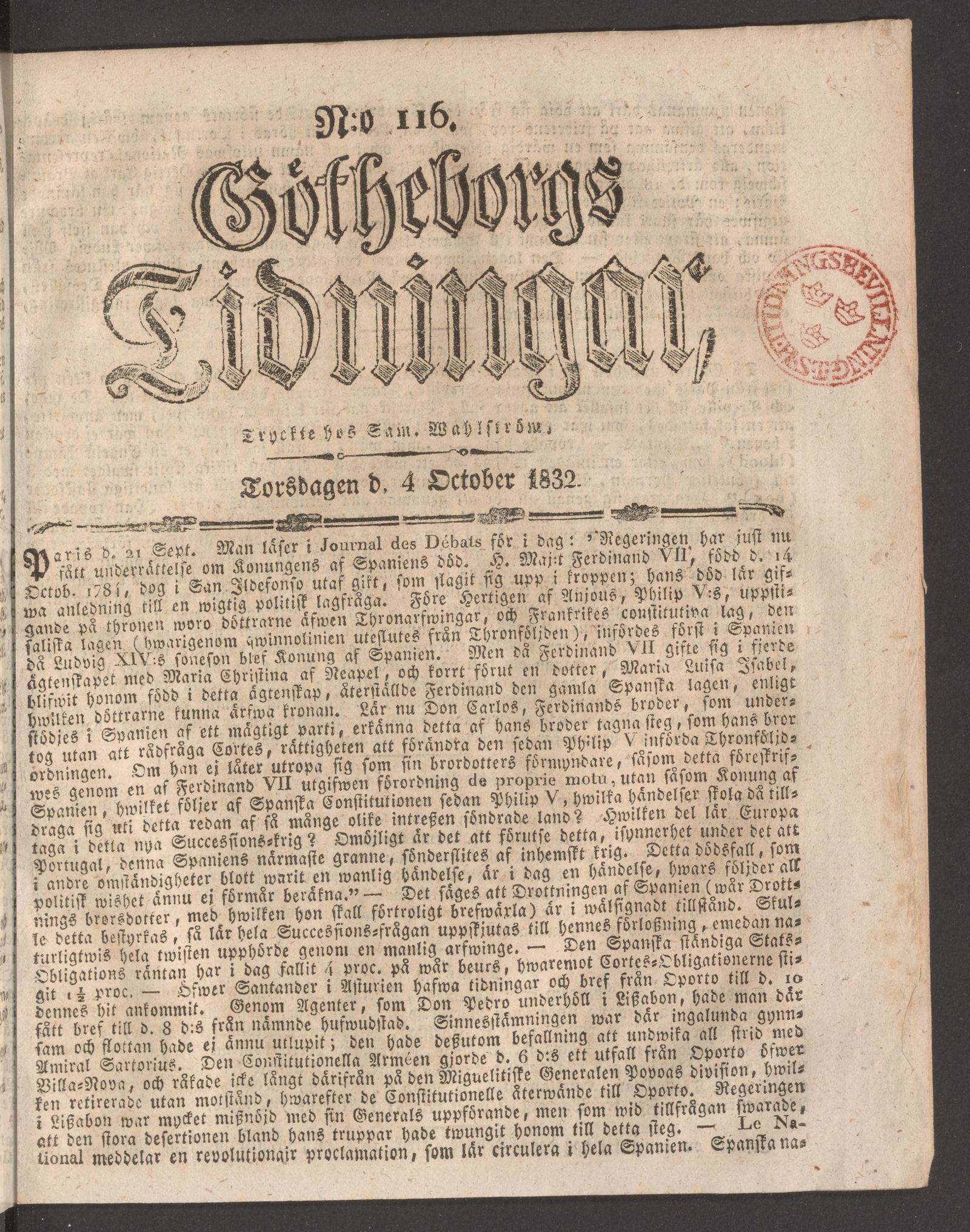 Tidningssida ur GÖTHEBORGS TIDNINGAR, 1832-10-04