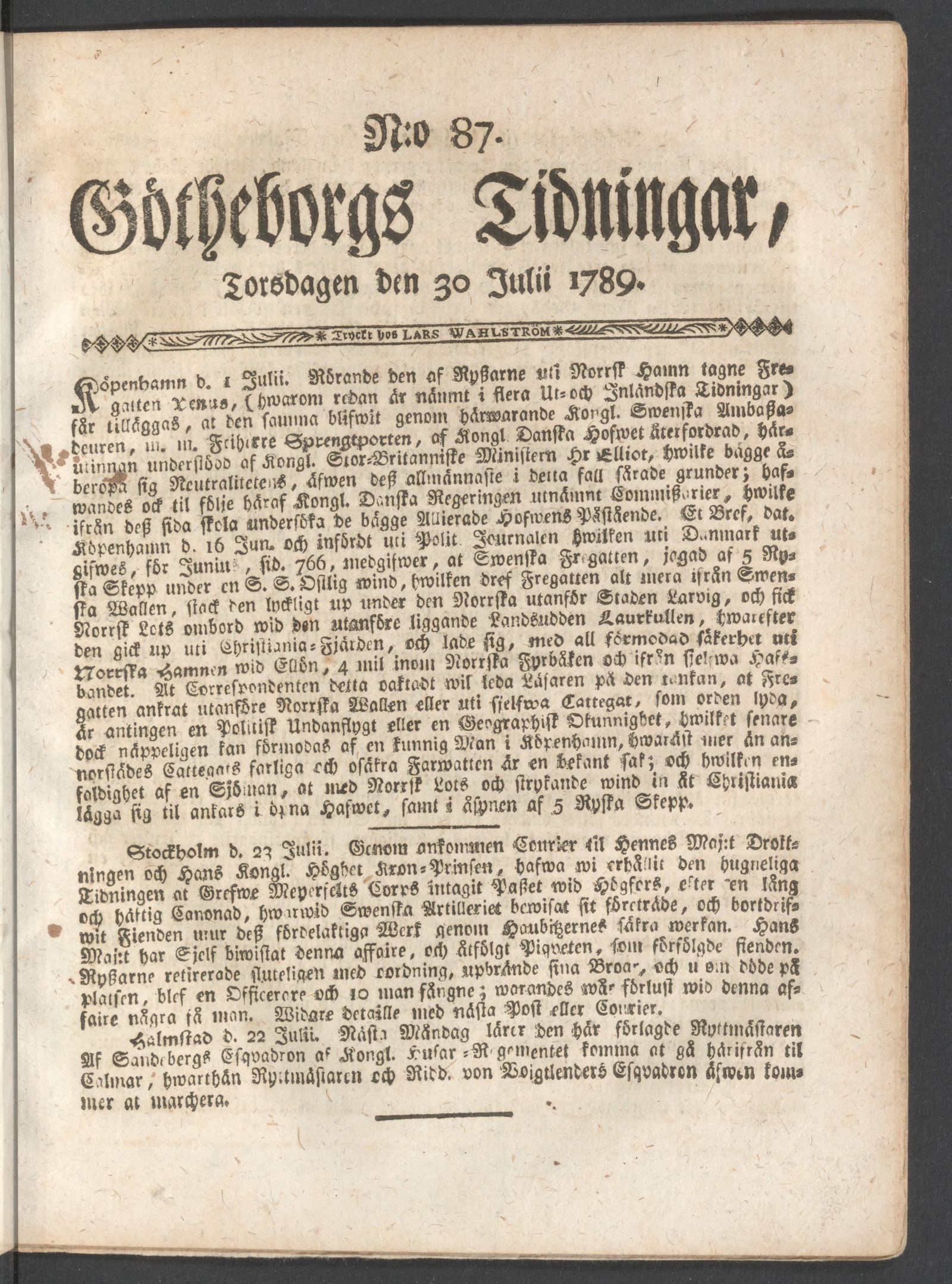 Tidningssida ur GÖTHEBORGS TIDNINGAR, 1789-07-30