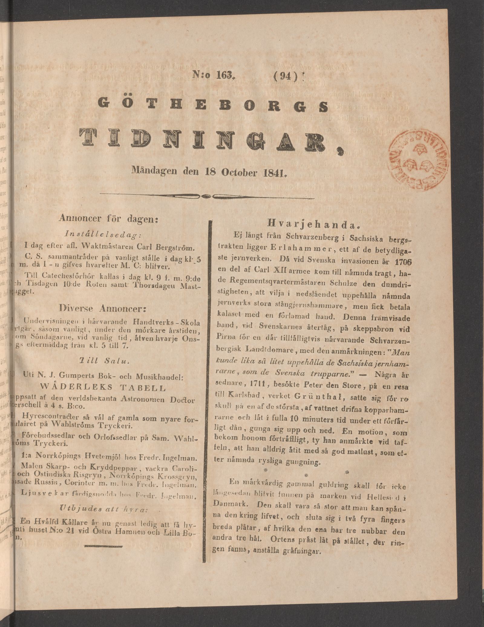 Tidningssida ur GÖTHEBORGS TIDNINGAR, 1841-10-18