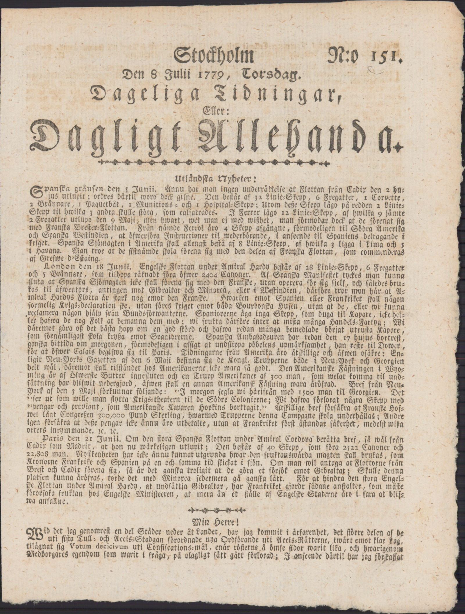 Tidningssida ur DAGLIGT ALLEHANDA, 1779-07-08