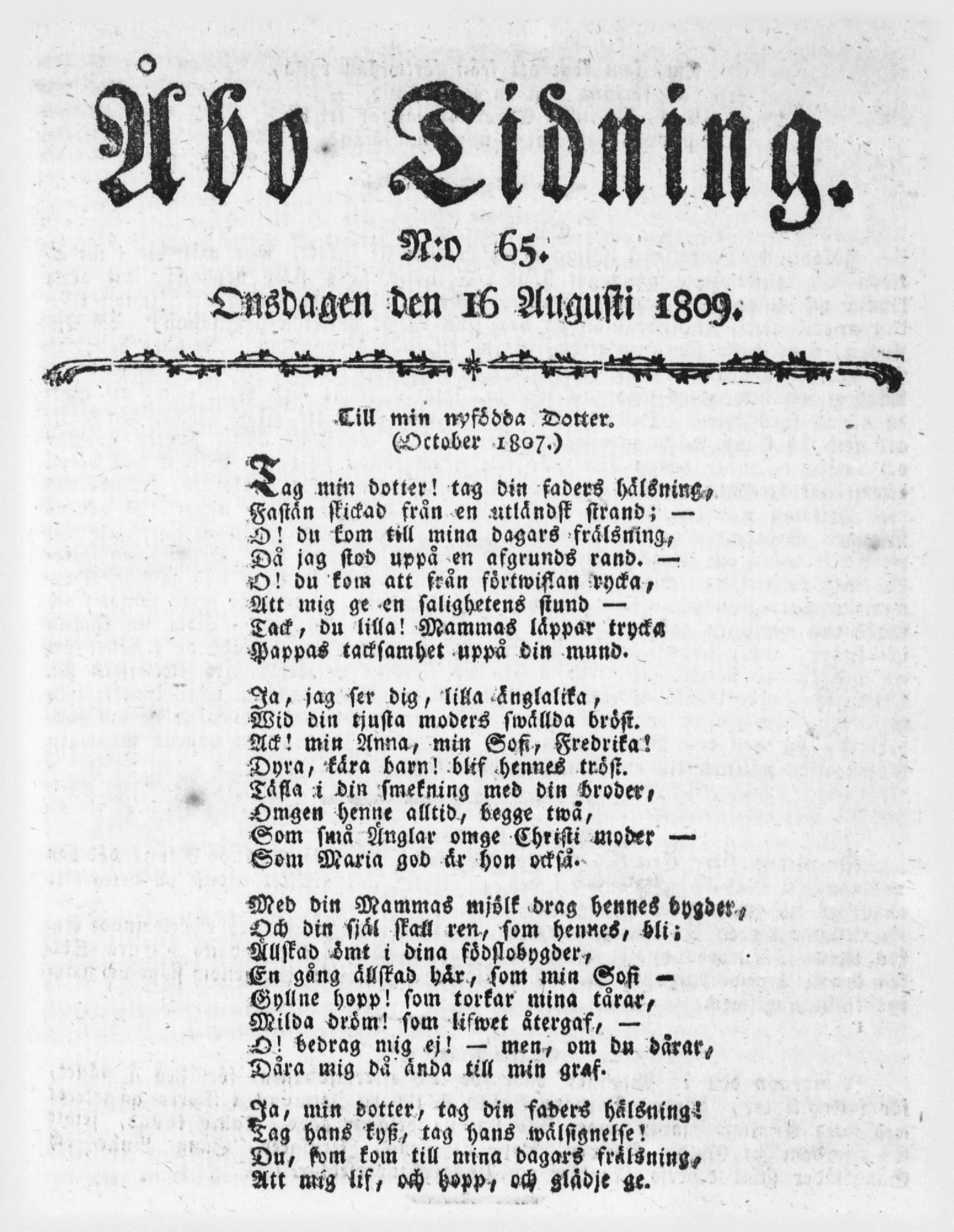 Tidningssida ur ÅBO TIDNING, 1809-08-16