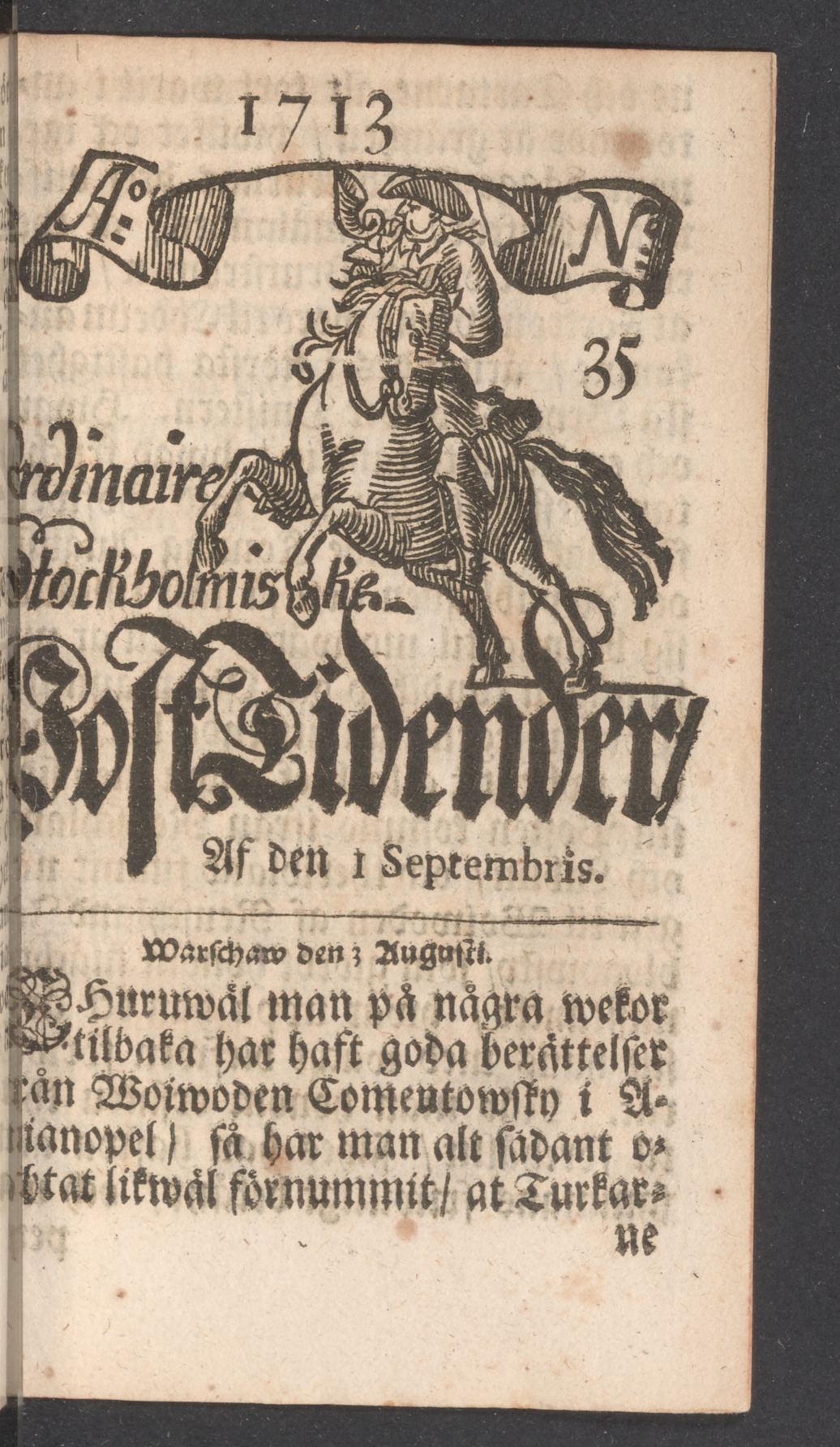 Tidningssida ur POSTTIDNINGAR, 1713-09-01