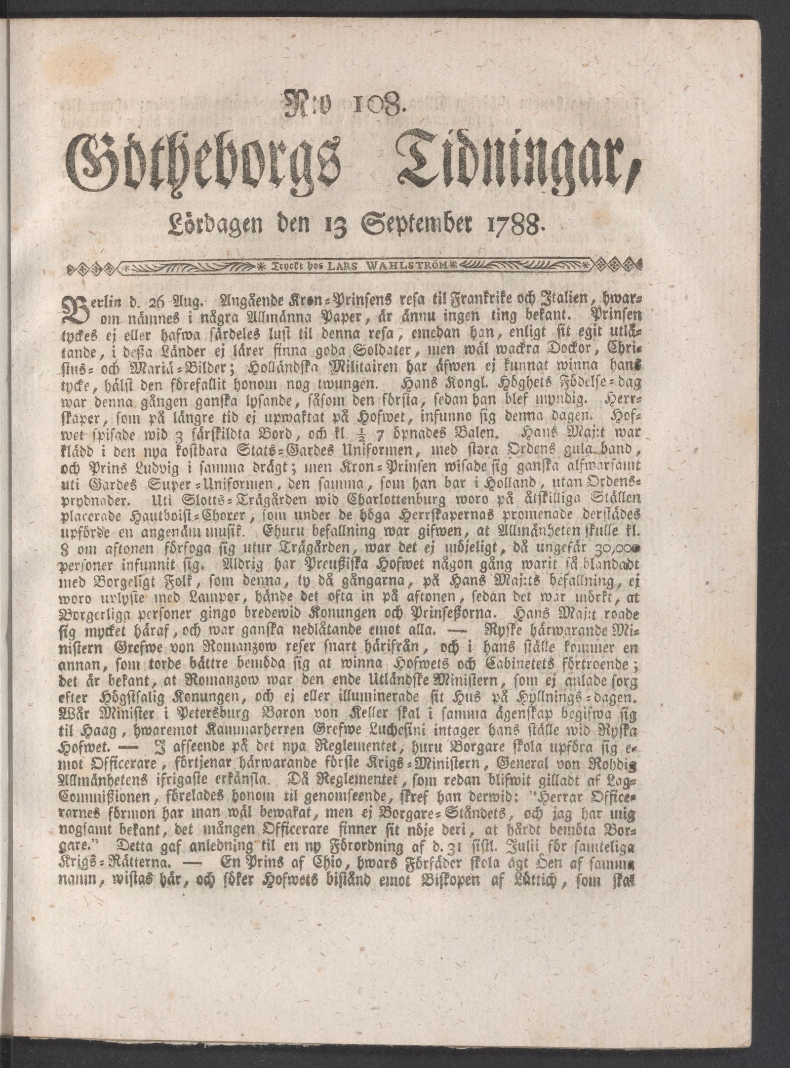 Tidningssida ur GÖTHEBORGS TIDNINGAR, 1788-09-13