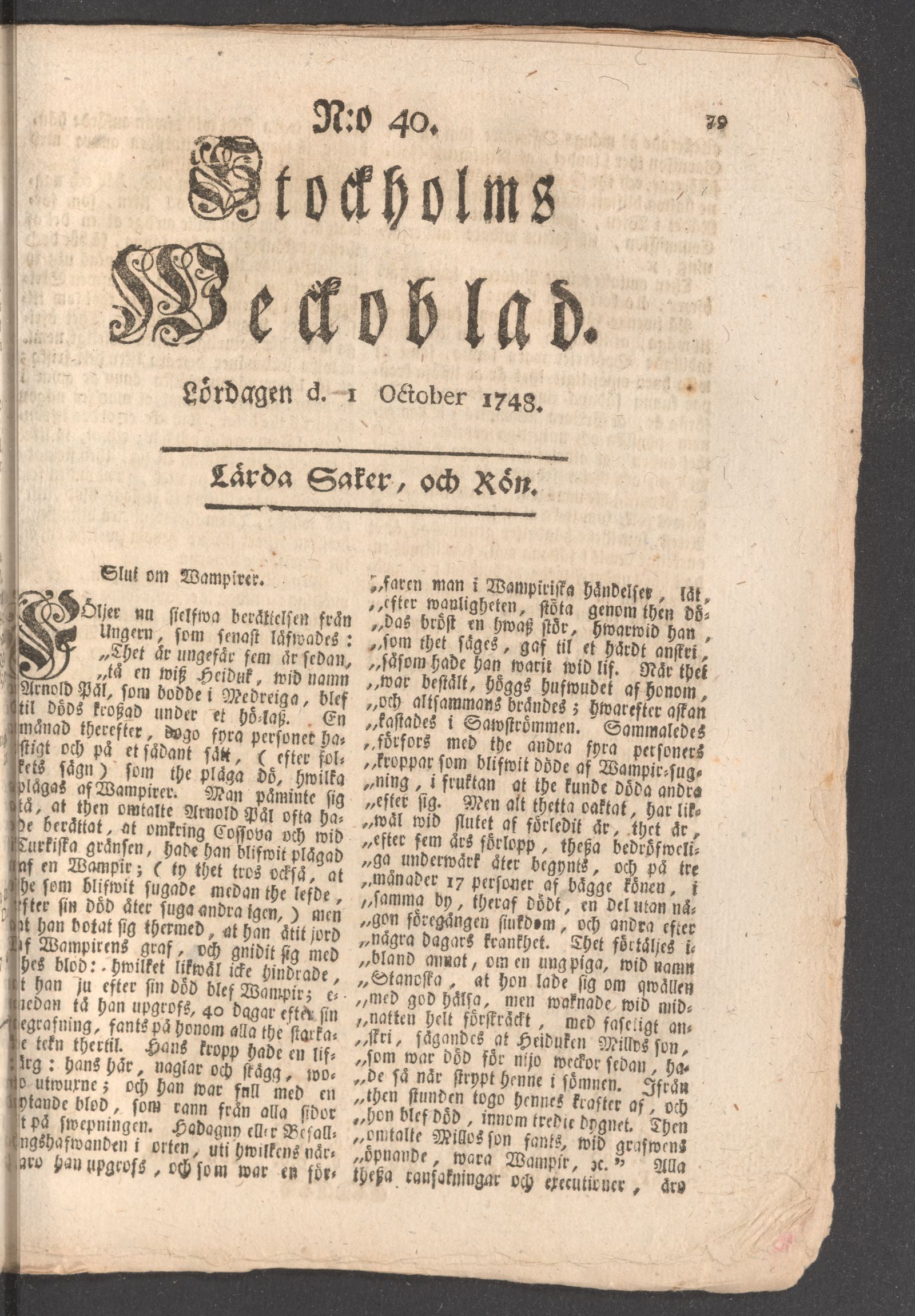 Tidningssida ur STOCKHOLMS WECKOBLAD, 1748-10-01