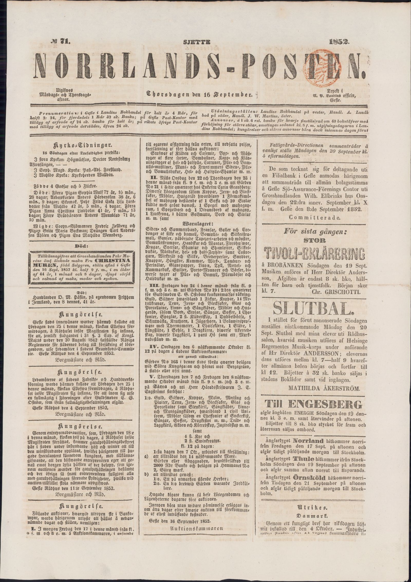 Tidningssida ur NORRLANDSPOSTEN, 1852-09-16