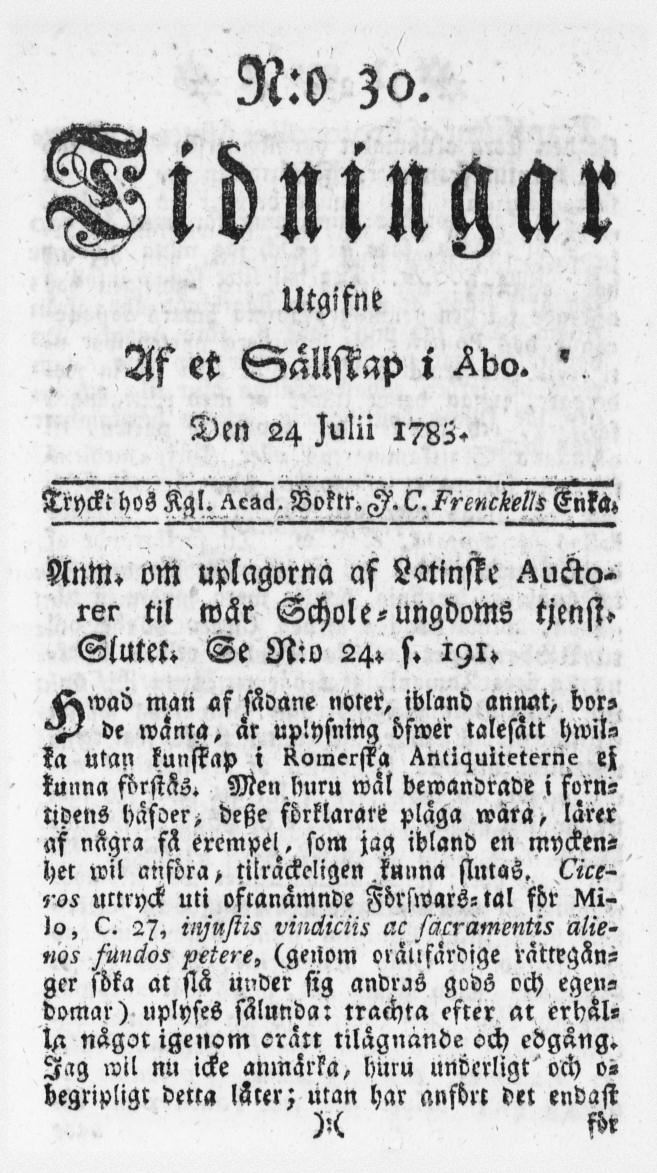 Tidningssida ur TIDNINGAR UTGIFNE AF ET SÄLLSKAP I ÅBO, 1783-07-24