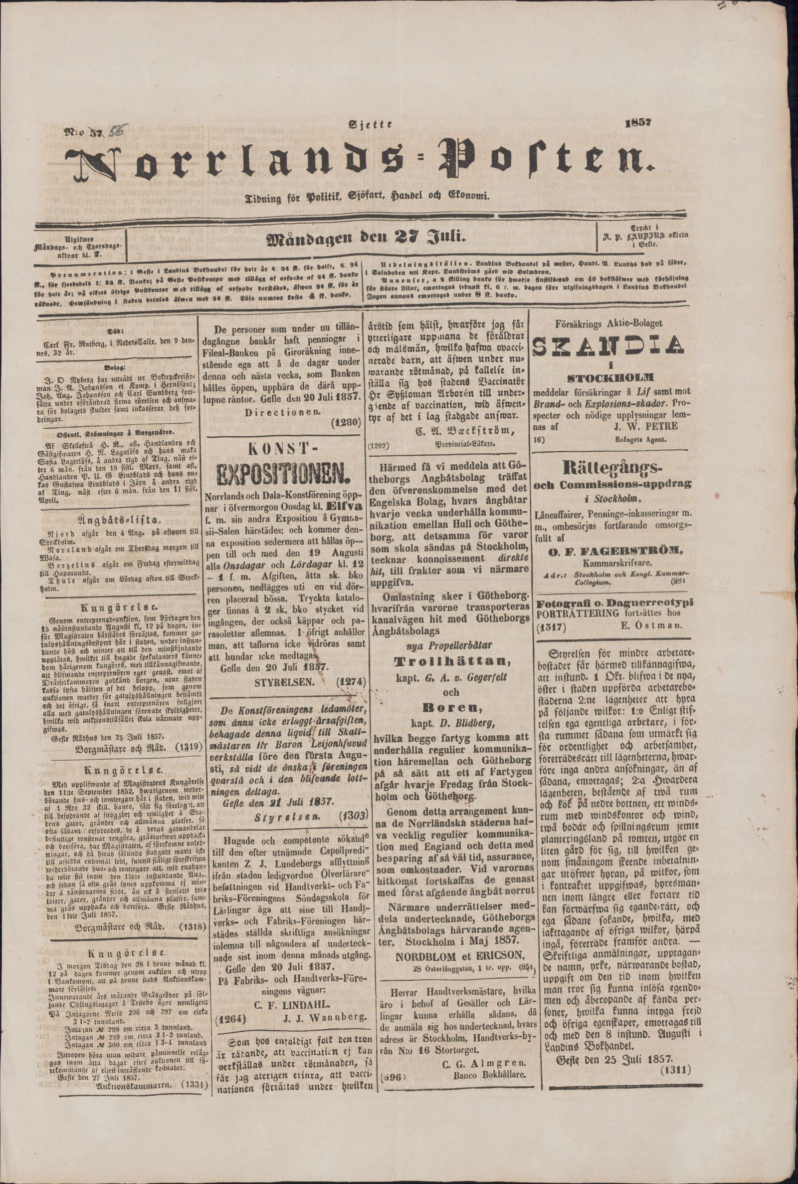Tidningssida ur NORRLANDSPOSTEN, 1857-07-27