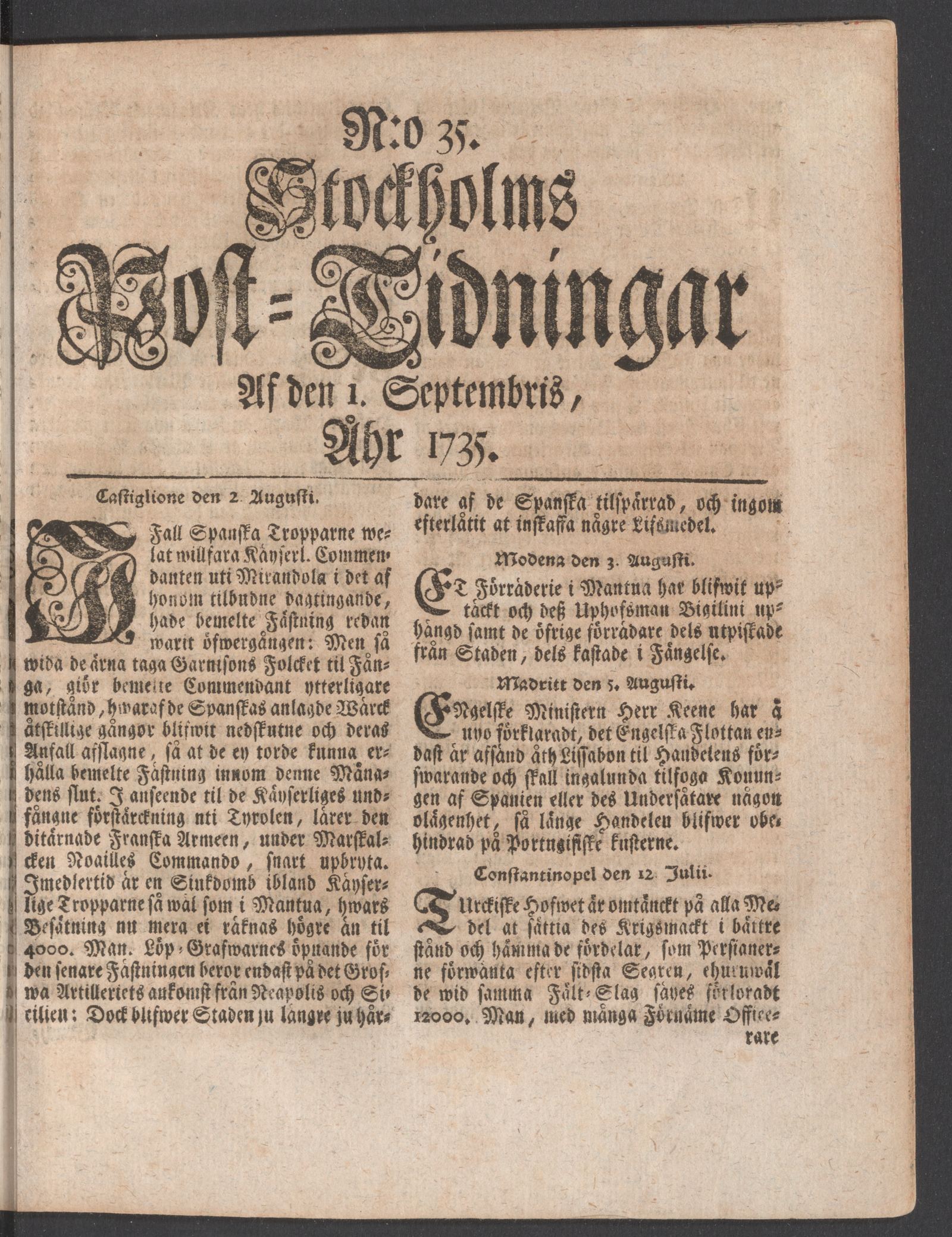 Tidningssida ur POSTTIDNINGAR, 1735-09-01