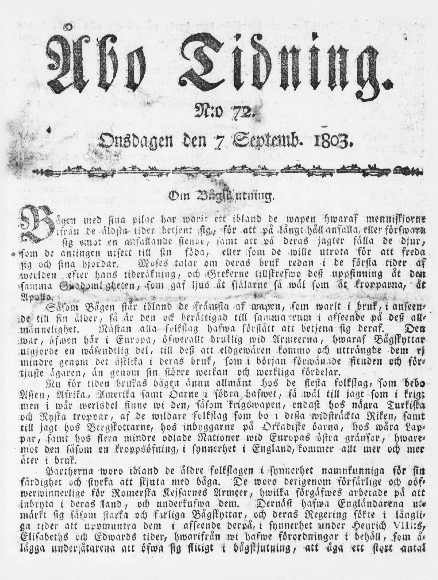 Tidningssida ur ÅBO TIDNING, 1803-09-07