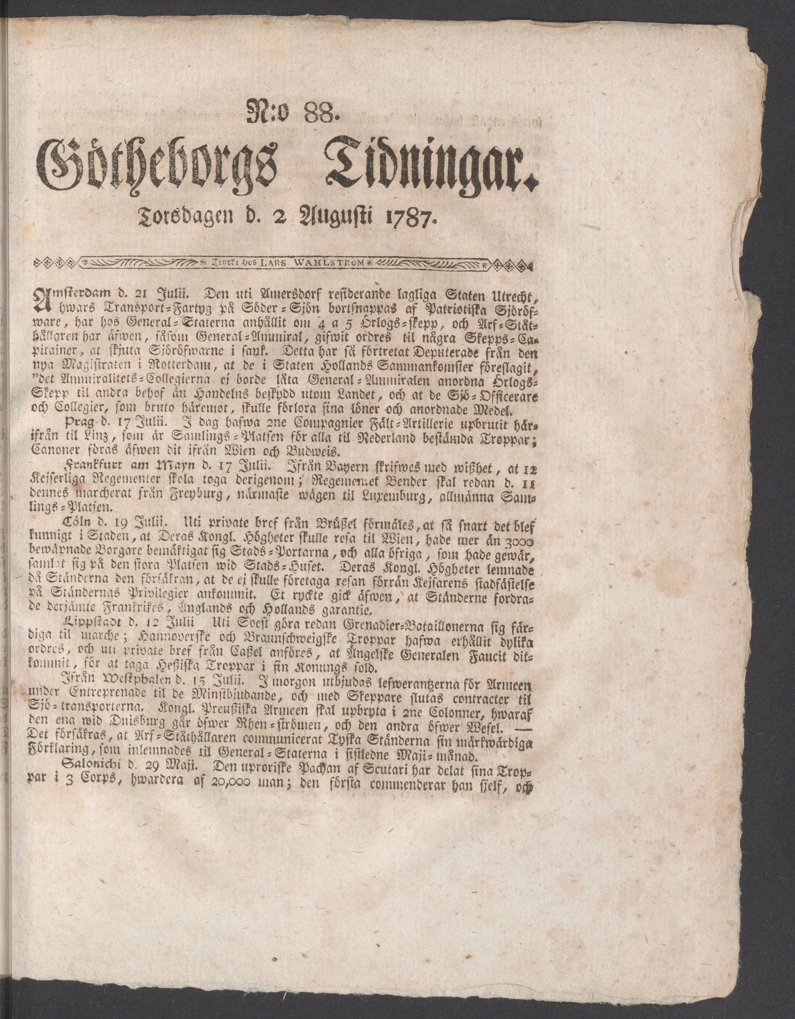 Tidningssida ur GÖTHEBORGS TIDNINGAR, 1787-08-02