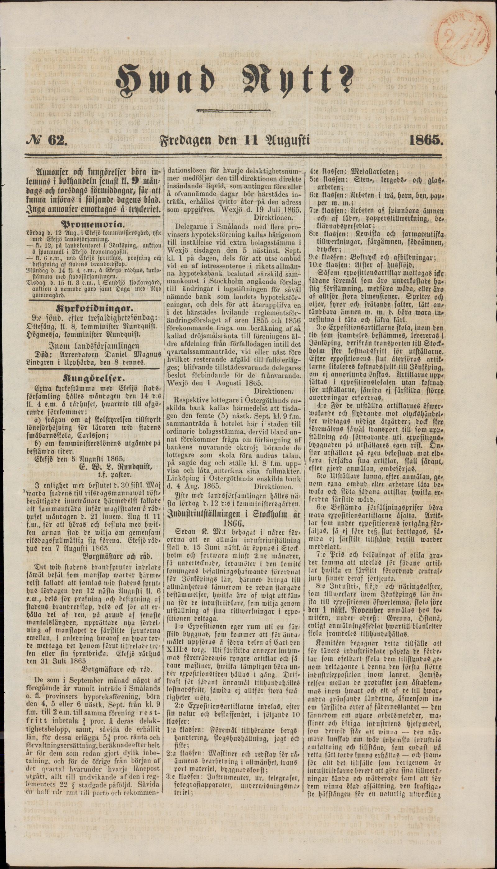 Tidningssida ur HVAD NYTT?, 1865-08-11