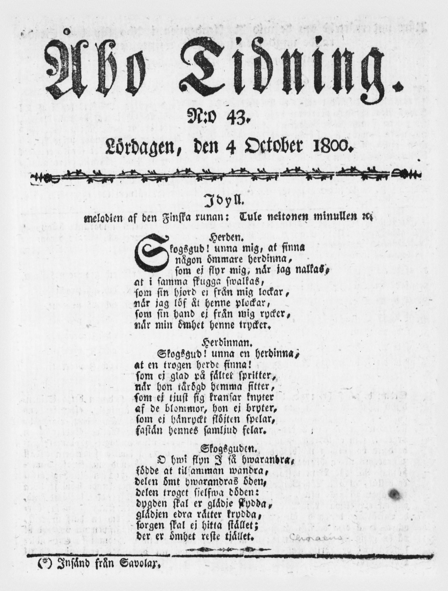 Tidningssida ur ÅBO TIDNING, 1800-10-04