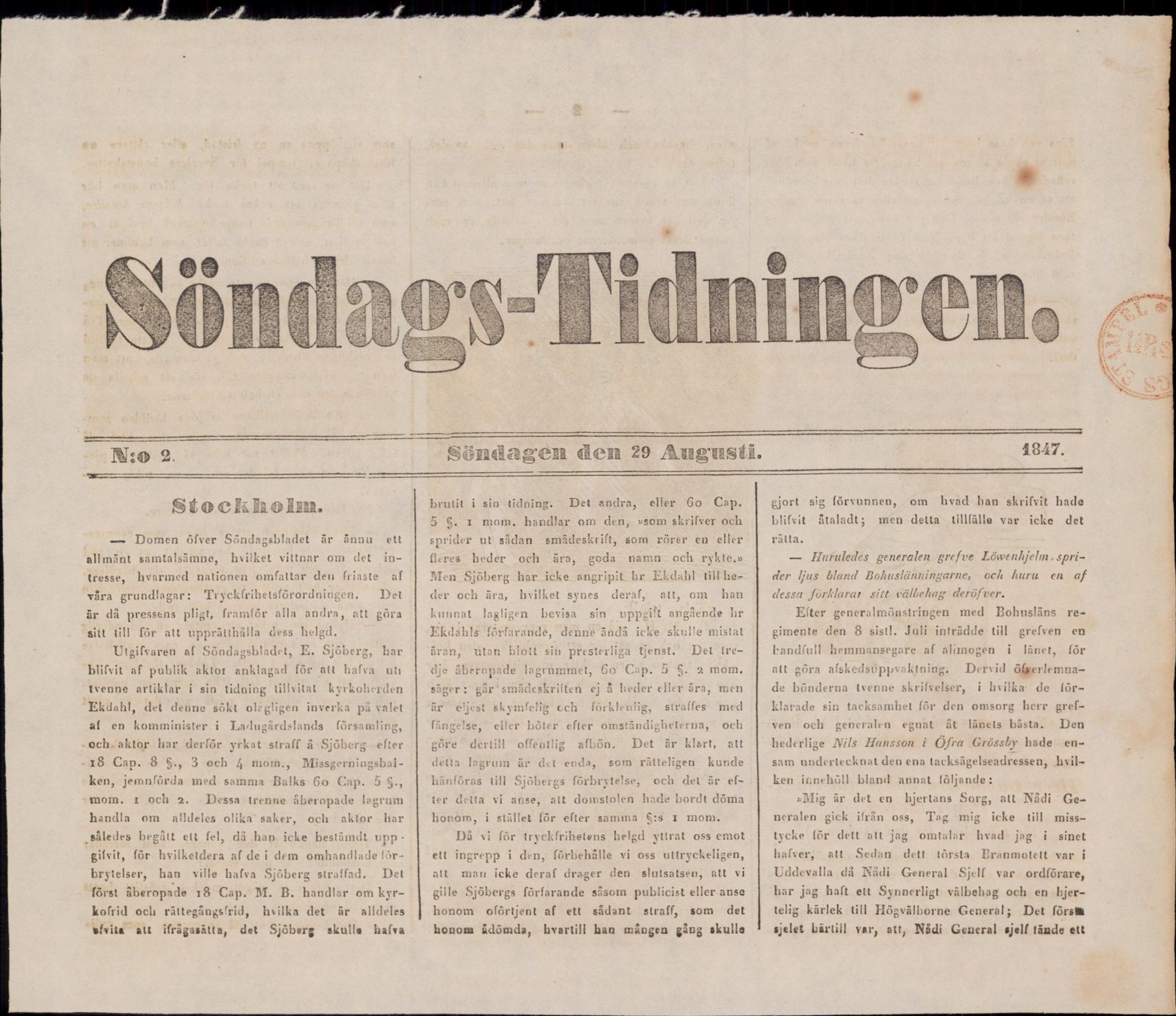 Tidningssida ur SÖNDAGSTIDNINGEN, 1847-08-29