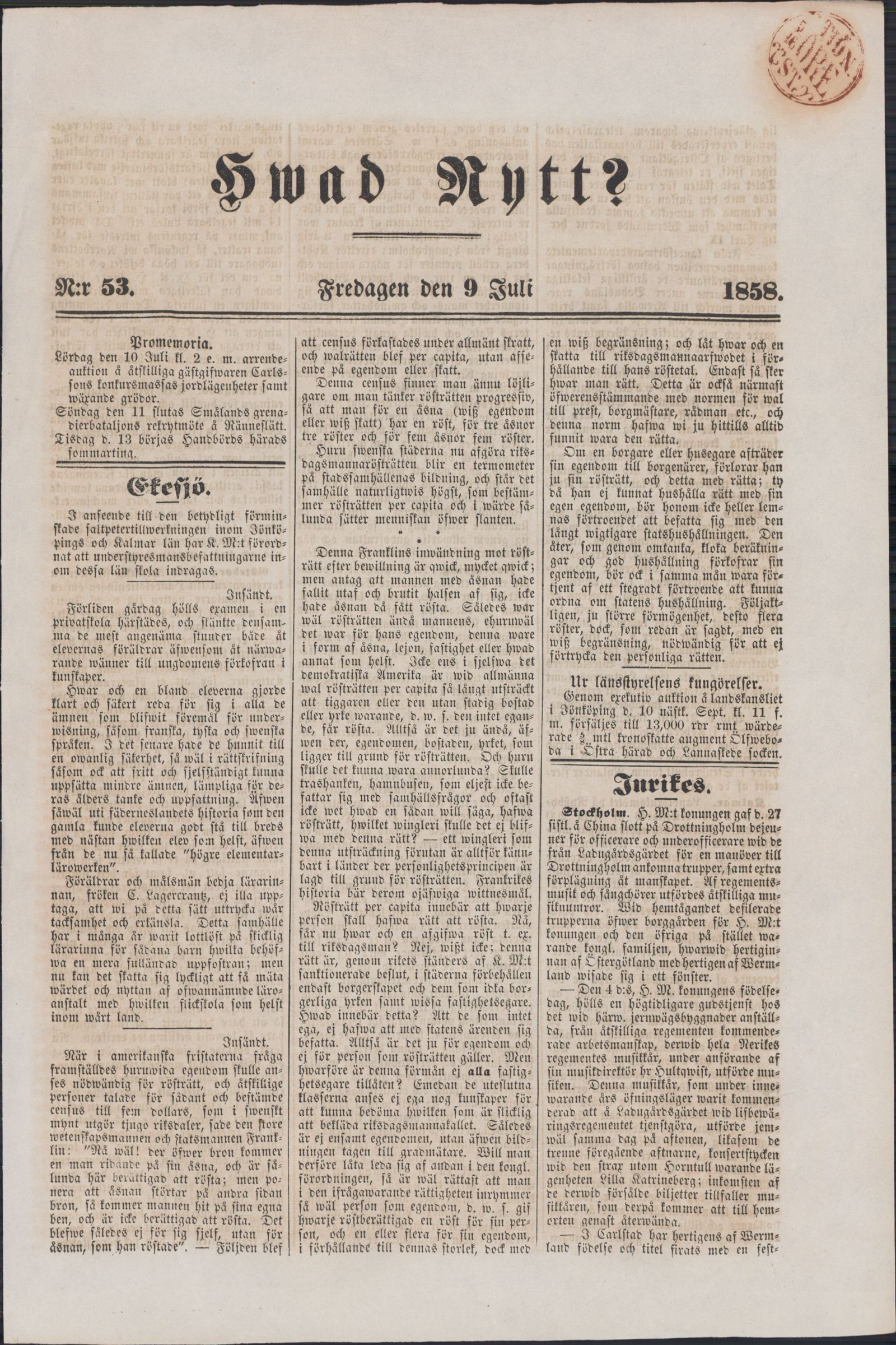 Tidningssida ur HVAD NYTT?, 1858-07-09