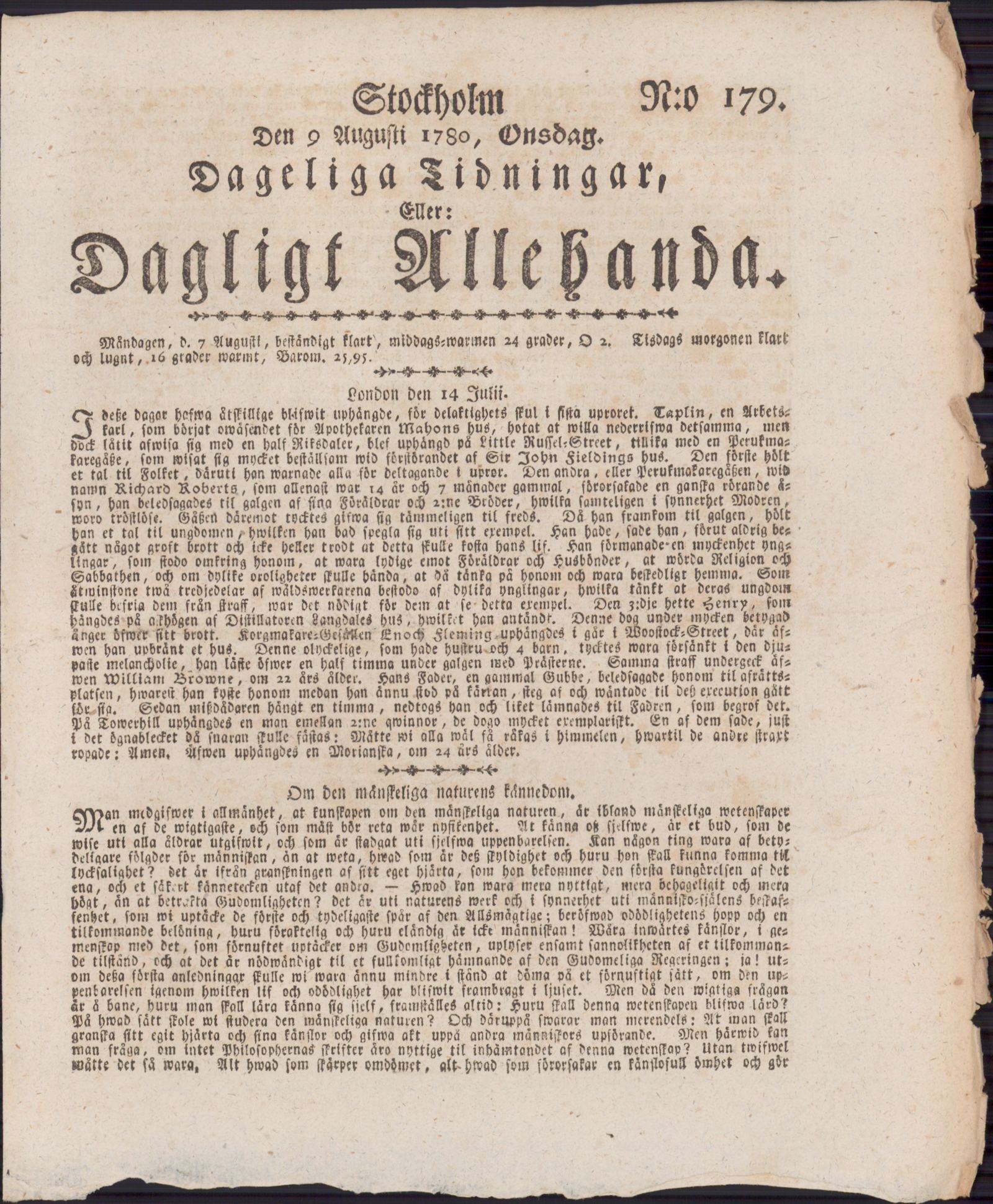 Tidningssida ur DAGLIGT ALLEHANDA, 1780-08-09