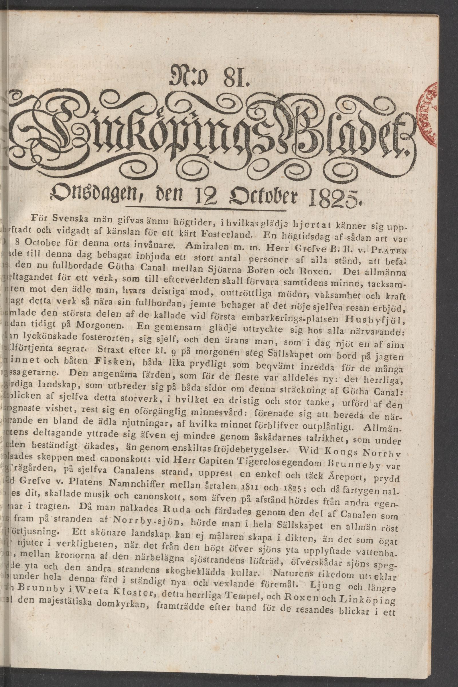 Tidningssida ur LINKÖPINGSBLADET, 1825-10-12
