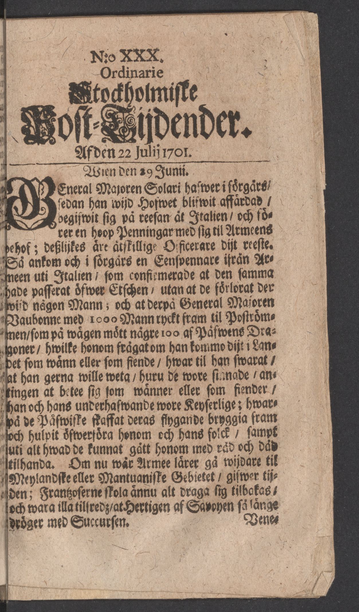Tidningssida ur POSTTIDNINGAR, 1701-07-22