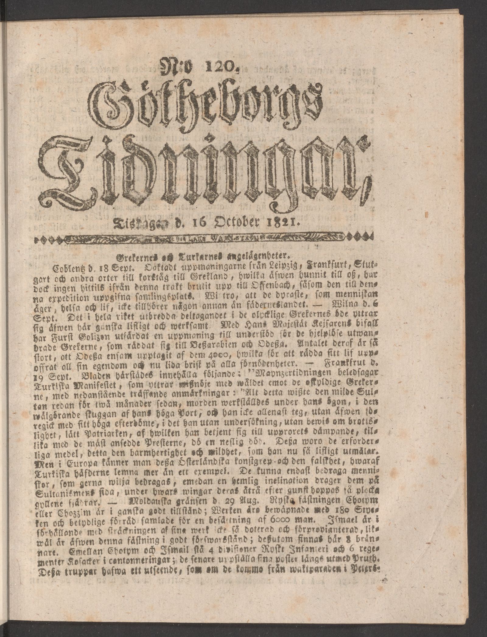 Tidningssida ur GÖTHEBORGS TIDNINGAR, 1821-10-16