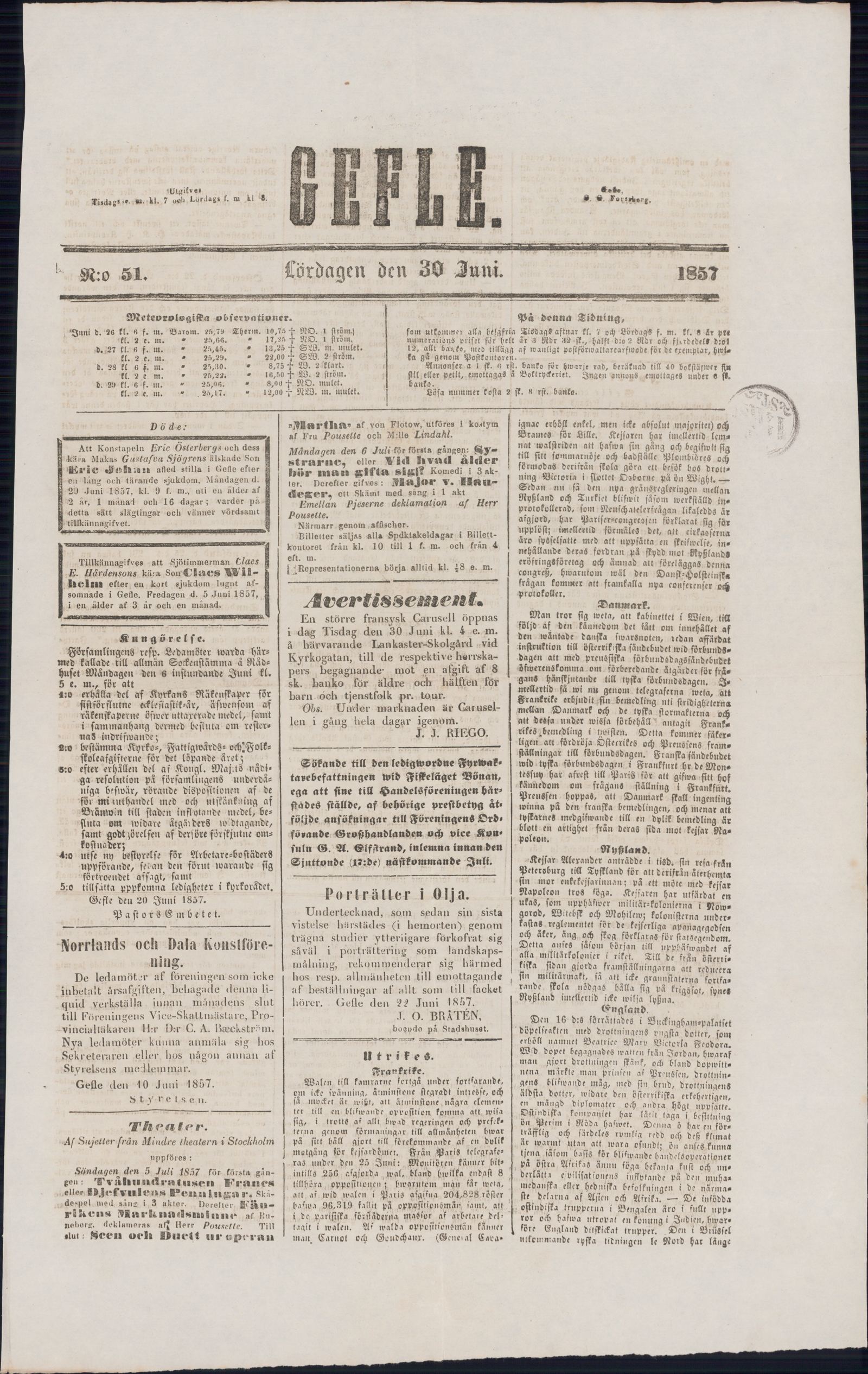 Tidningssida ur GEFLEBORGS LÄNS TIDNING, 1857-06-30