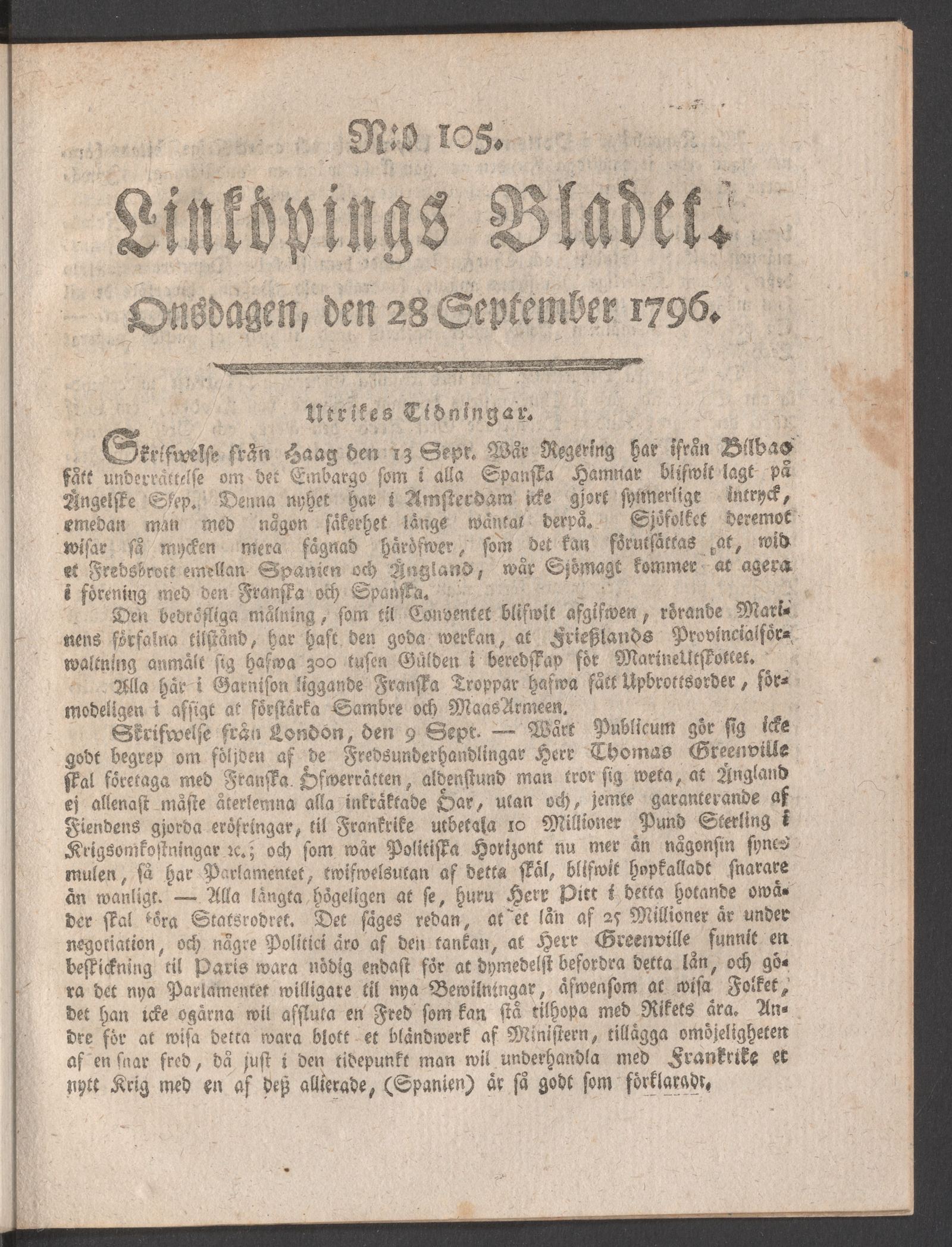 Tidningssida ur LINKÖPINGSBLADET, 1796-09-28