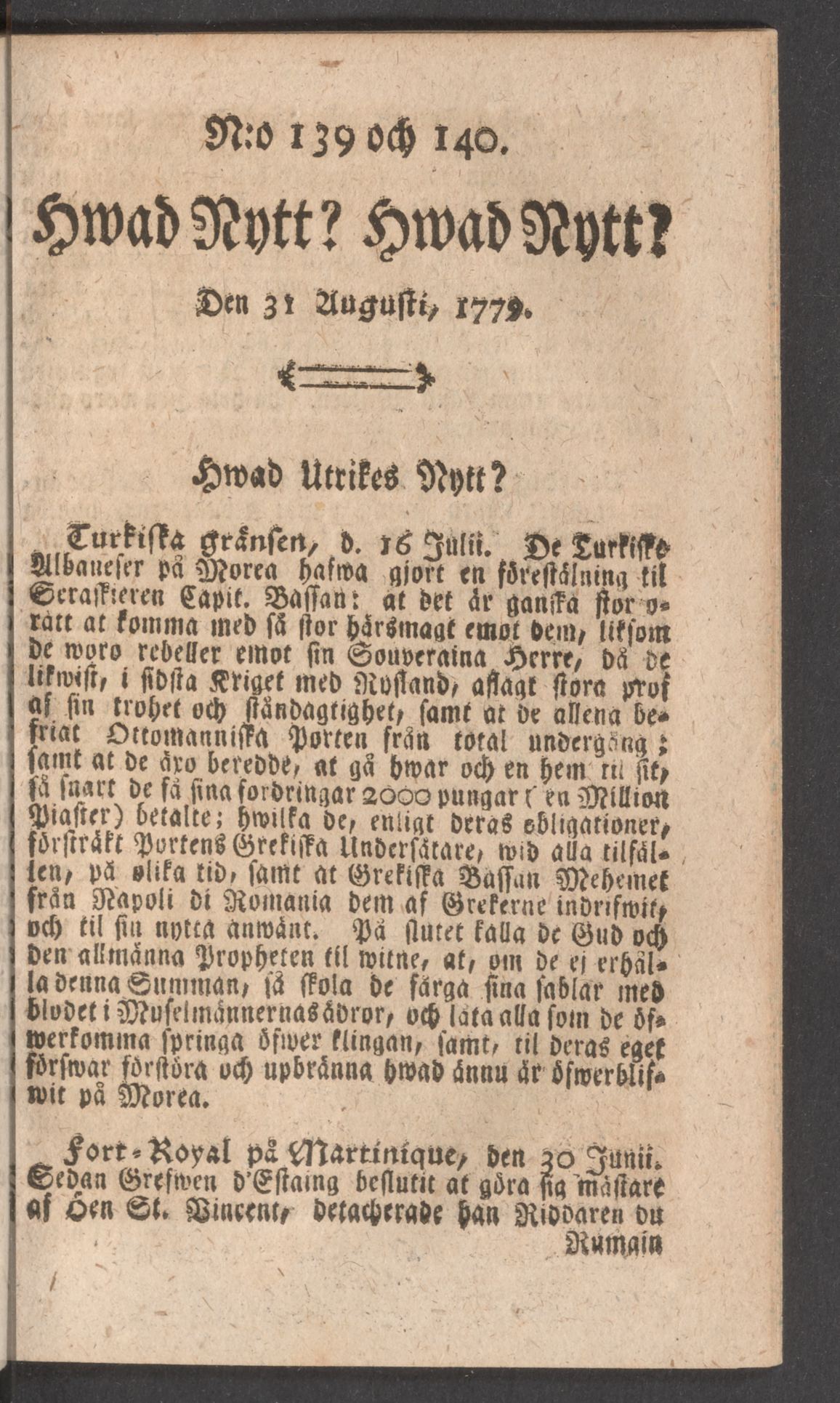 Tidningssida ur HWAD NYTT?, 1779-08-31