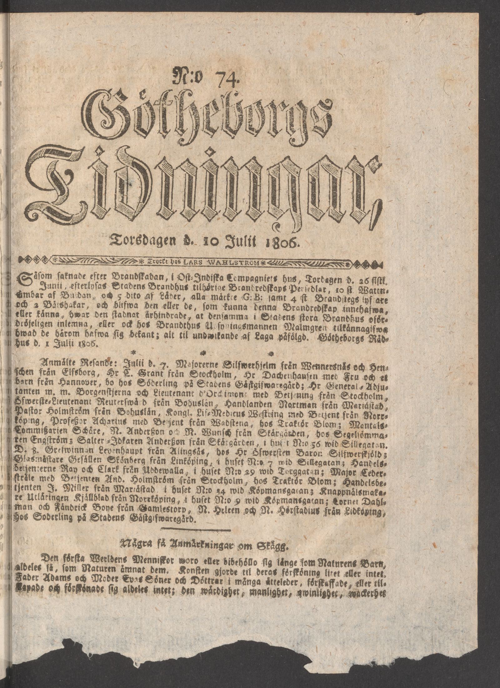 Tidningssida ur GÖTHEBORGS TIDNINGAR, 1806-07-10