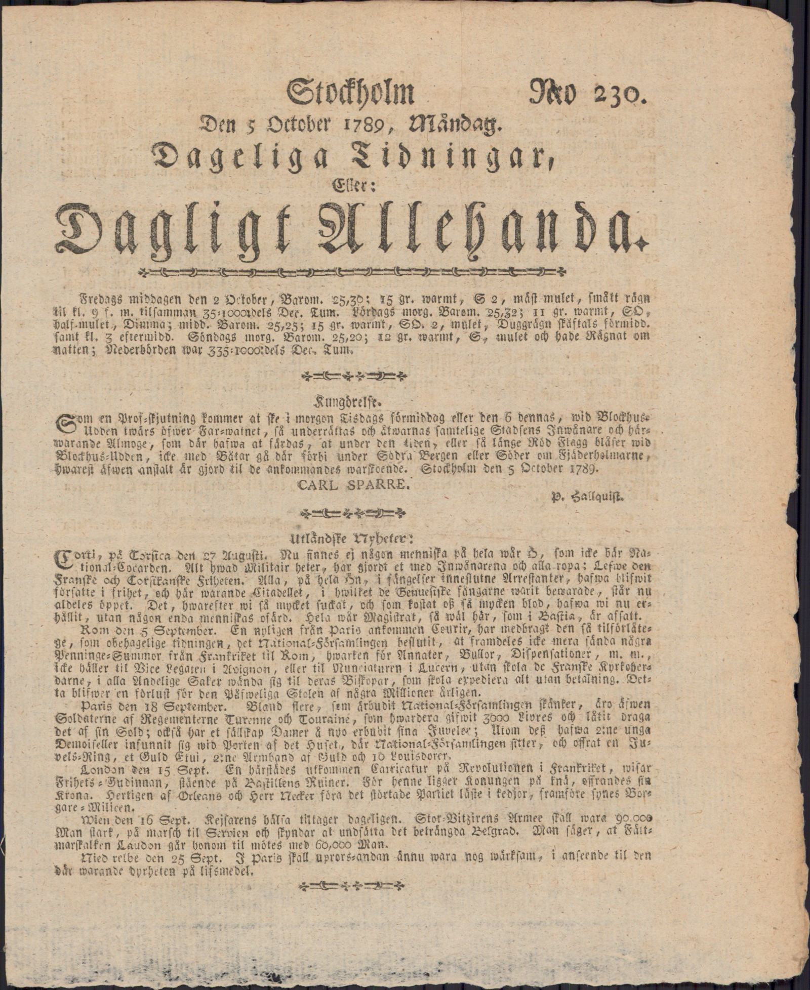 Tidningssida ur DAGLIGT ALLEHANDA, 1789-10-05