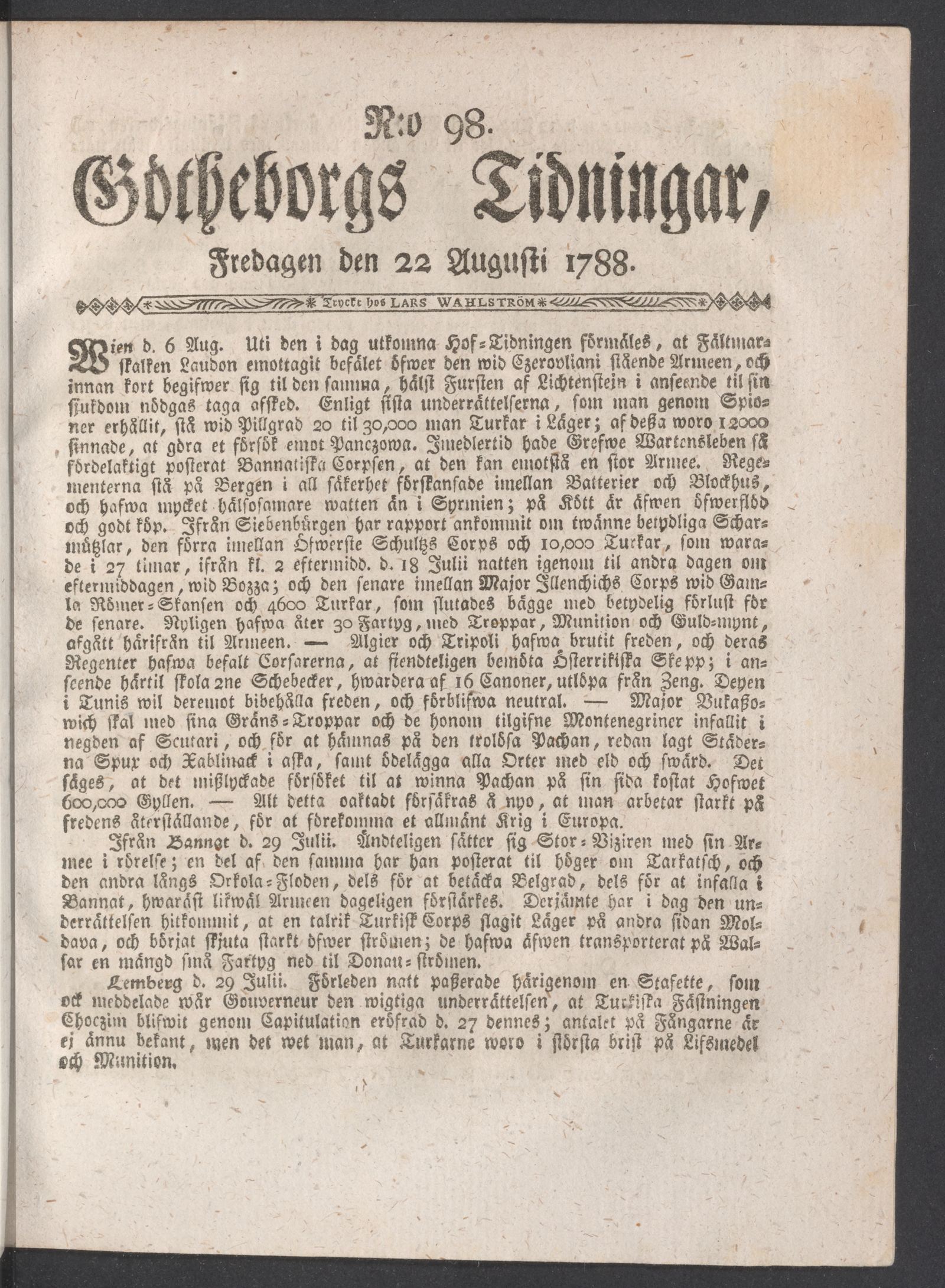Tidningssida ur GÖTHEBORGS TIDNINGAR, 1788-08-22
