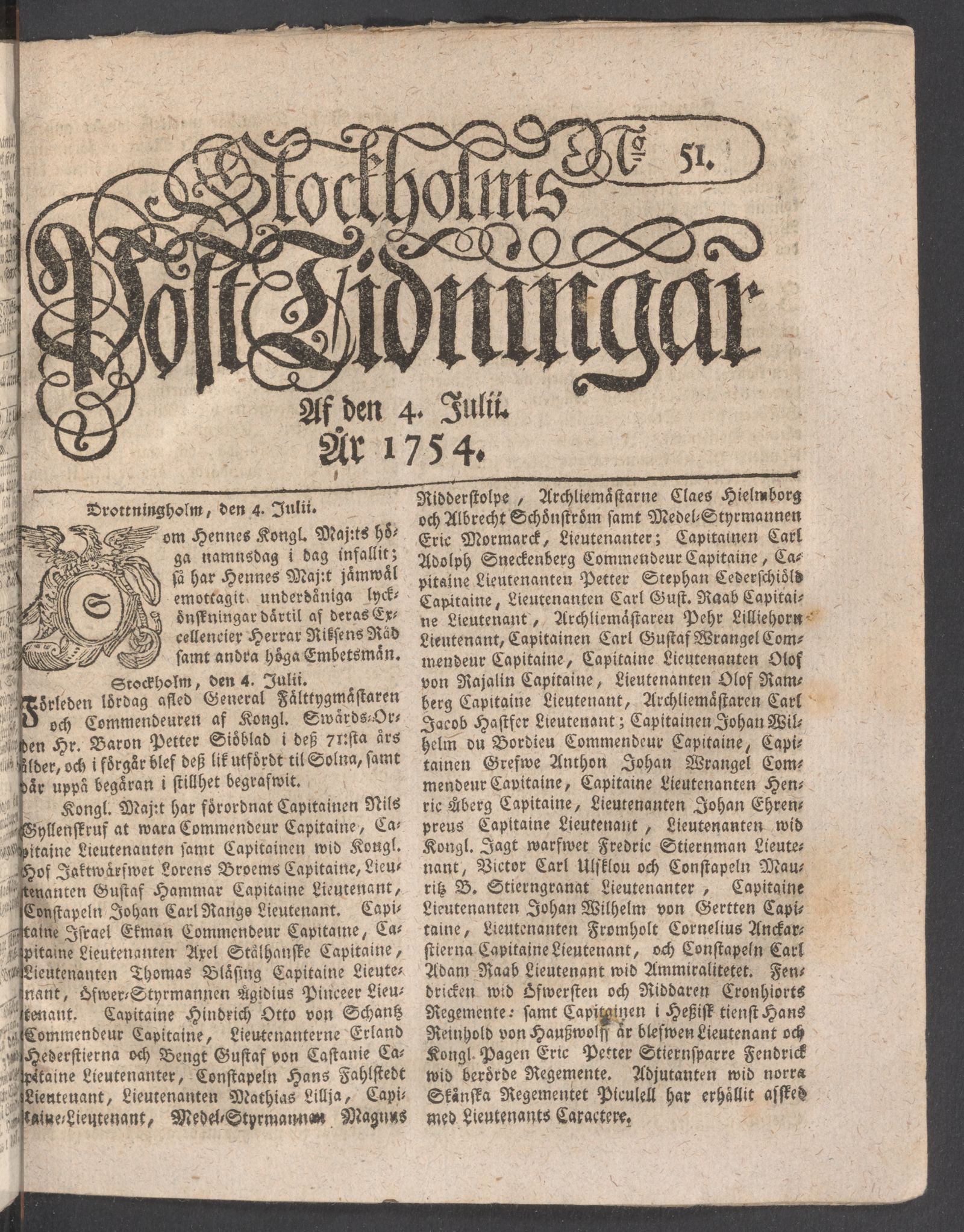 Tidningssida ur POSTTIDNINGAR, 1754-07-04