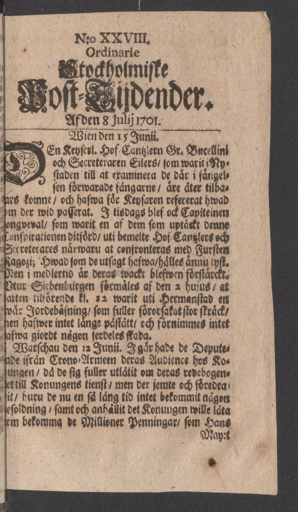 Tidningssida ur POSTTIDNINGAR, 1701-07-08