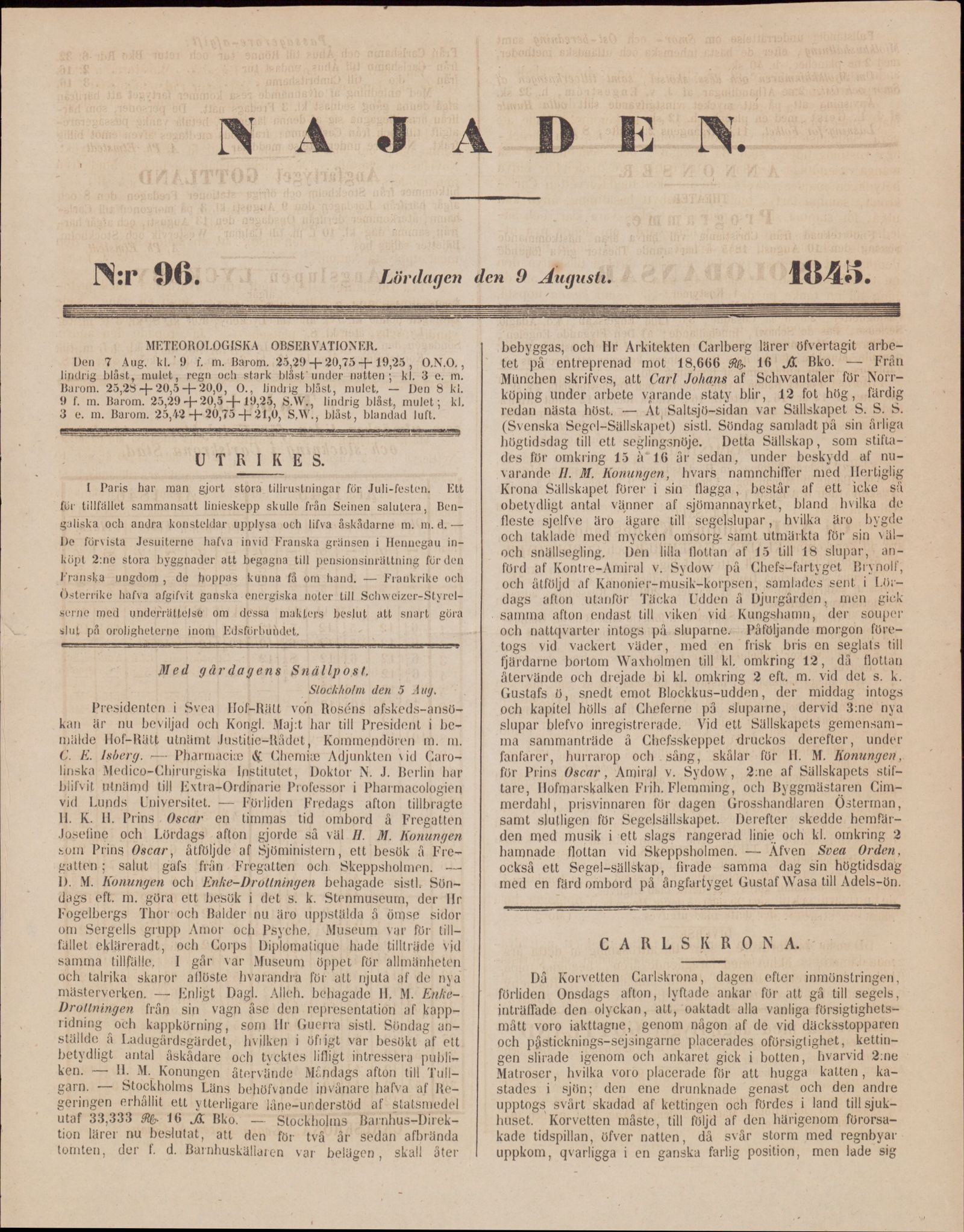 Tidningssida ur NAJADEN, 1845-08-09