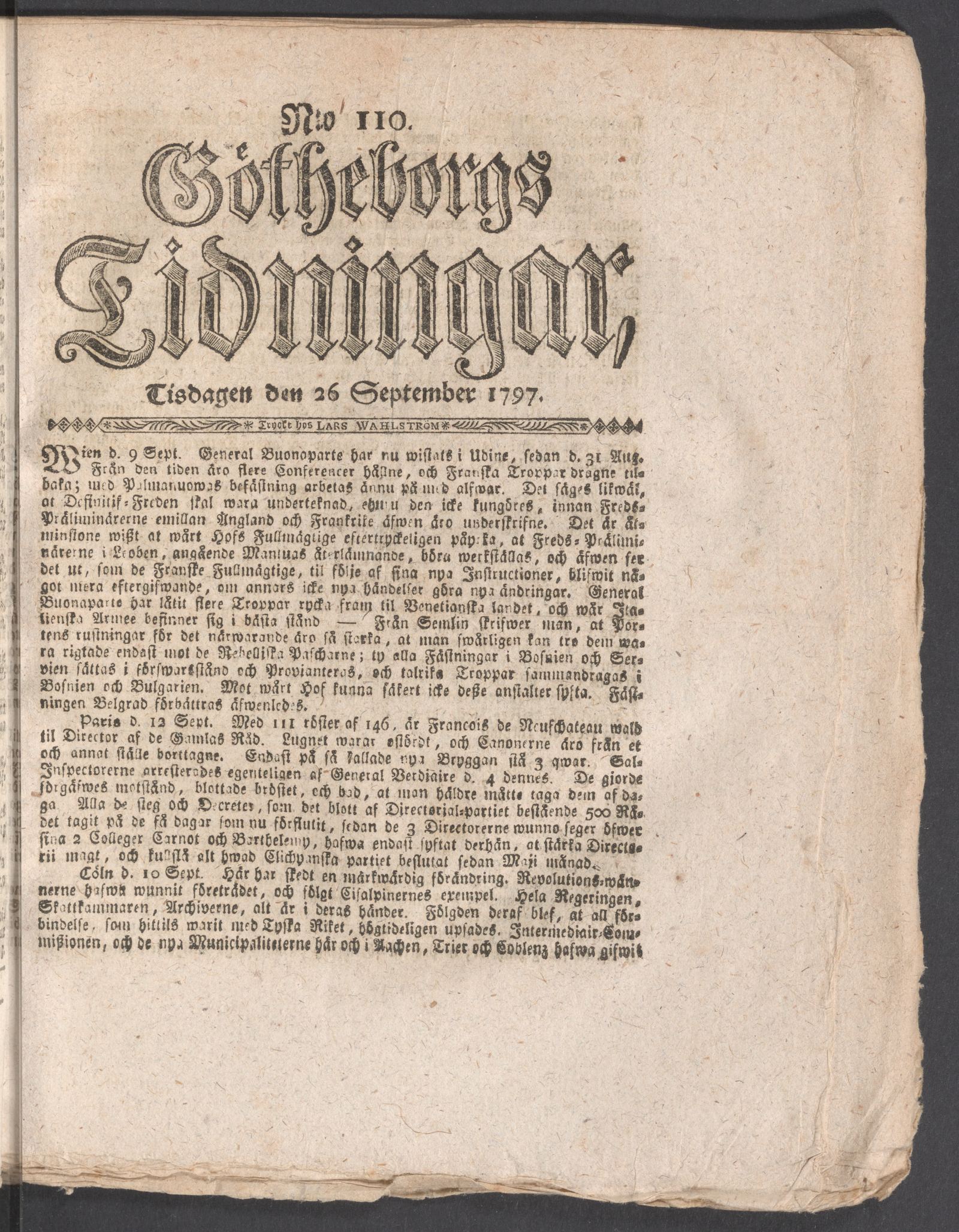 Tidningssida ur GÖTHEBORGS TIDNINGAR, 1797-09-26