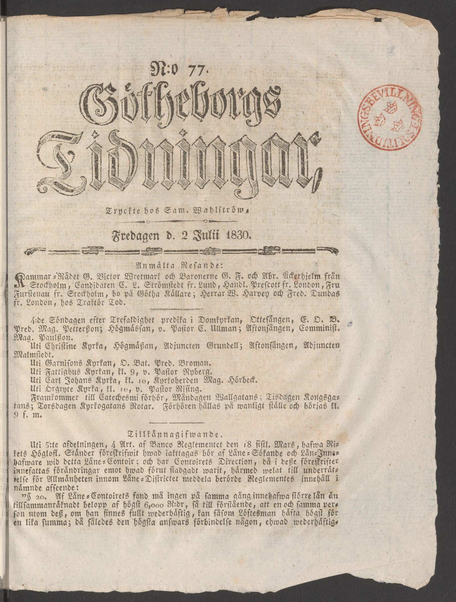 Tidningssida ur GÖTHEBORGS TIDNINGAR, 1830-07-02