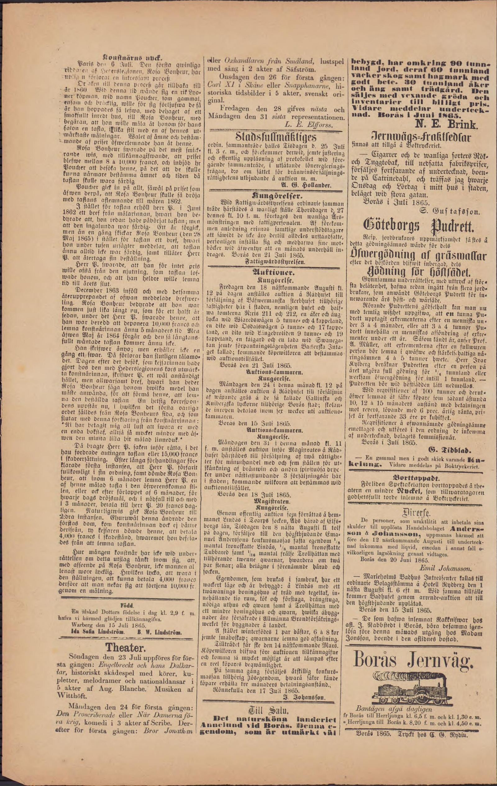 Tidningssida ur Borås Tidning, 1865-07-22